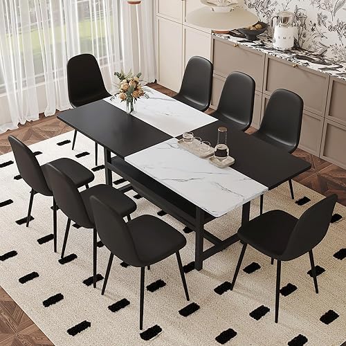 71" Dining Table Set for 8 with Storage Shelf - Modern Industrial Rectangular Dining Table Set with Metal Legs & Upholstered Chairs, White & Black