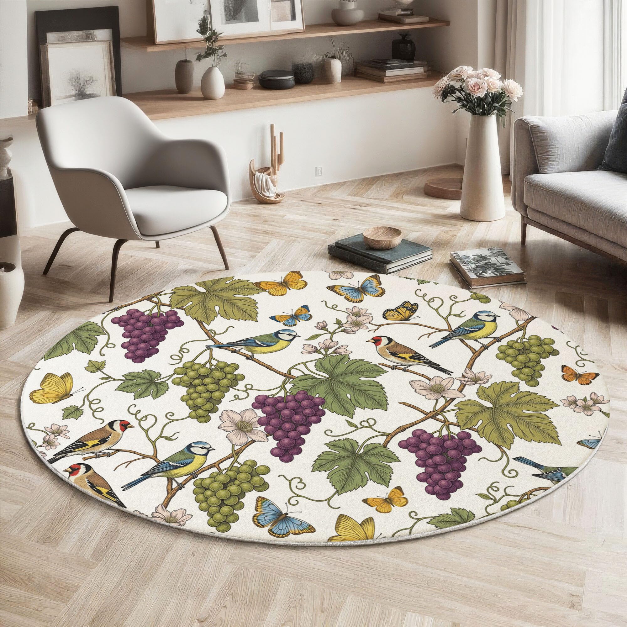 Tapis rond vintage vignes et oiseaux beige 120 cm lavable