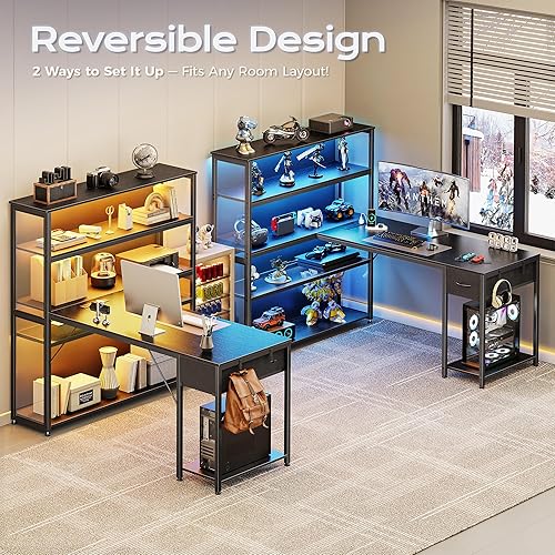 Miniatura 4 de PRAISUN Escritorio para computadora de juegos en forma de L de 57 pulgadas con gabinete abierto más grande, escritorio de oficina reversible con