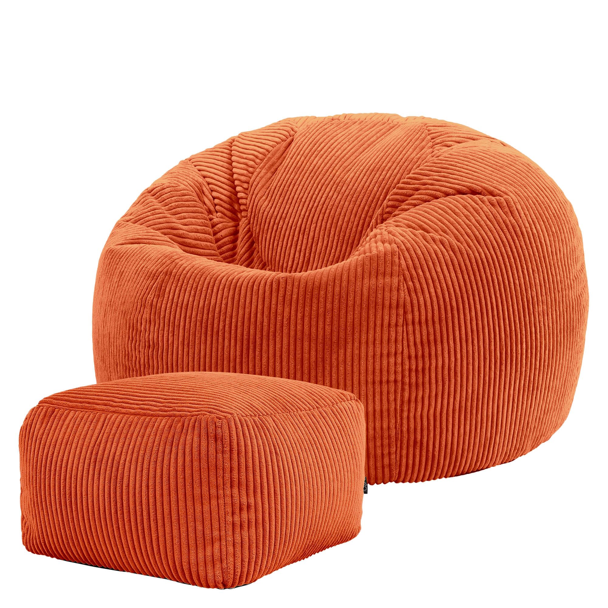 icon Kingston Cord Bean Bag with Footstool, Orange, Large Adult Bean Bag Chair with Filling Included, Comfy Chair, Pouffe Footstool, Living Room Furniture, Bedroom Furniture