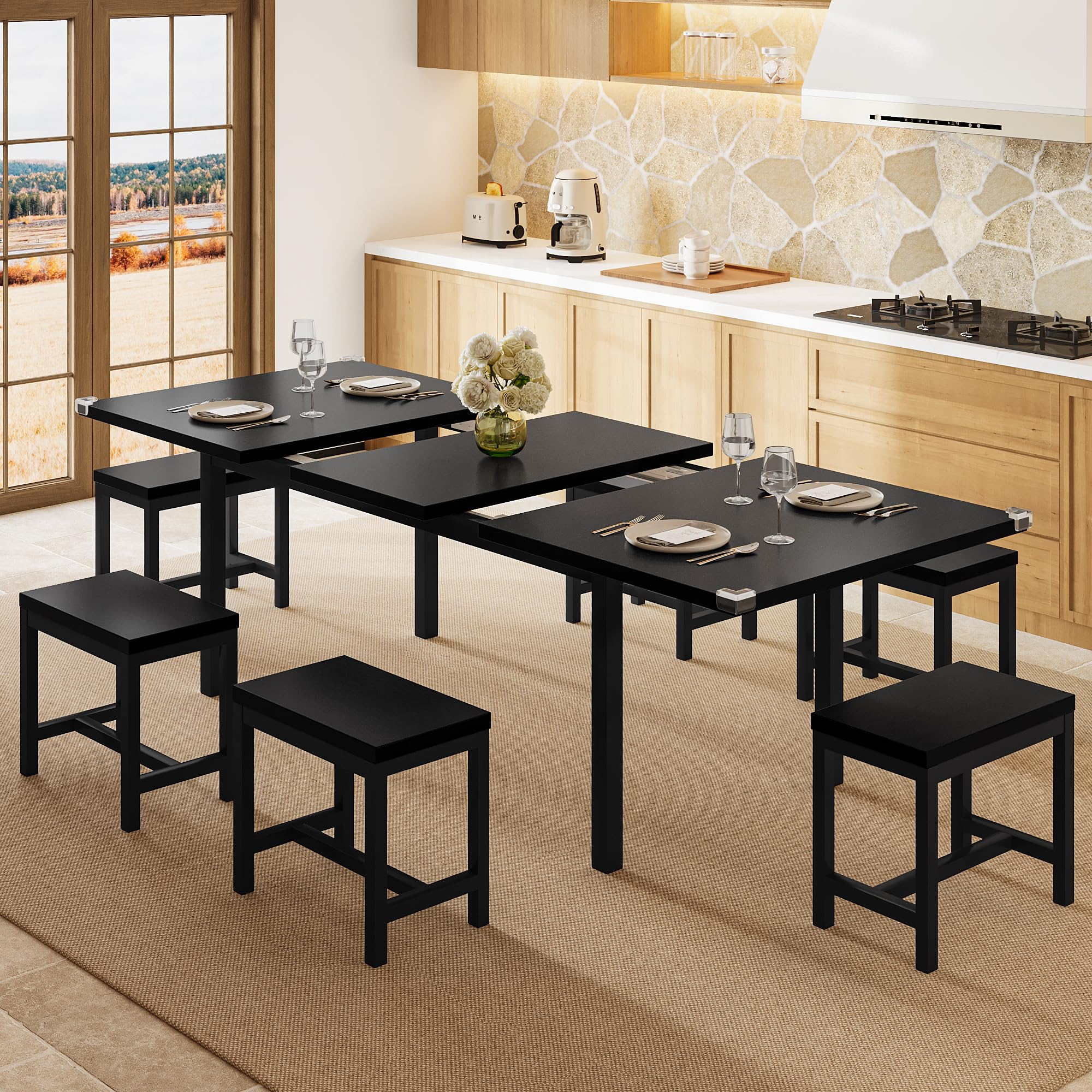 Einhomn 7-Piece Dining Table Set, 63" Extendable Kitchen Room Table with 6 Stools, Mid Century Modern Dinner Table with Metal Frame & MDF Board,