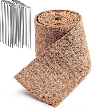 Natural Mulch Roll for Landscaping- 120" x 6.3" Weed Barrier Coconut Fiber Mat with 16 U-Shaped Steel Stakes, Thick Garden Border Edging for Plants, Flowers, Lawns, Vegetables