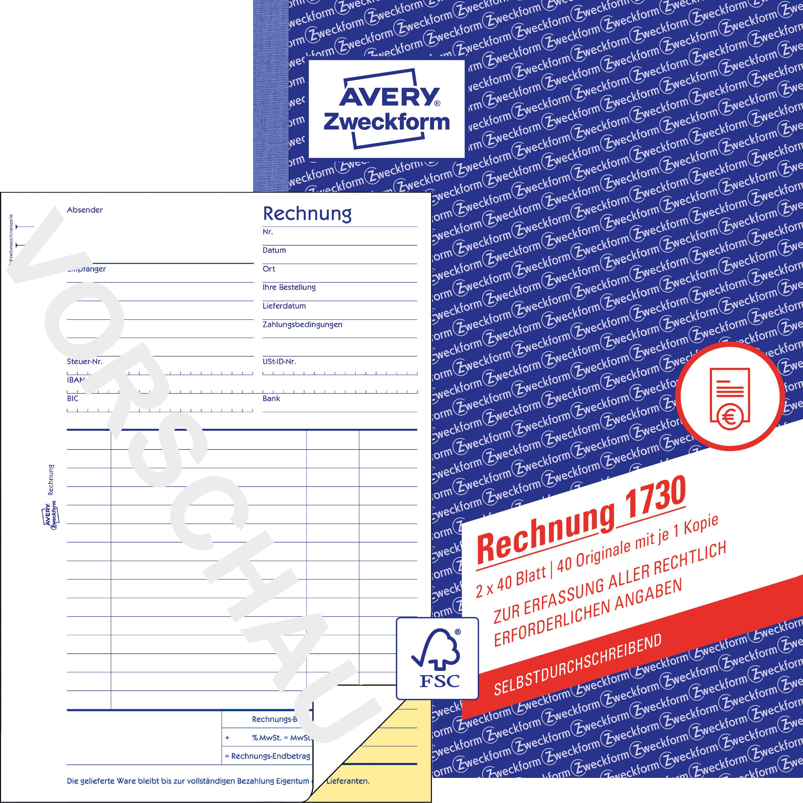 AVERY Zweckform 1730-5 Rechnung (A5, 2 x 40 Blatt, selbstdurchschreibend mit farbigem Durchschlag, enthält alle vom Finanzamt geforderten Angaben), 5er-Pack, Weiß/Gelb