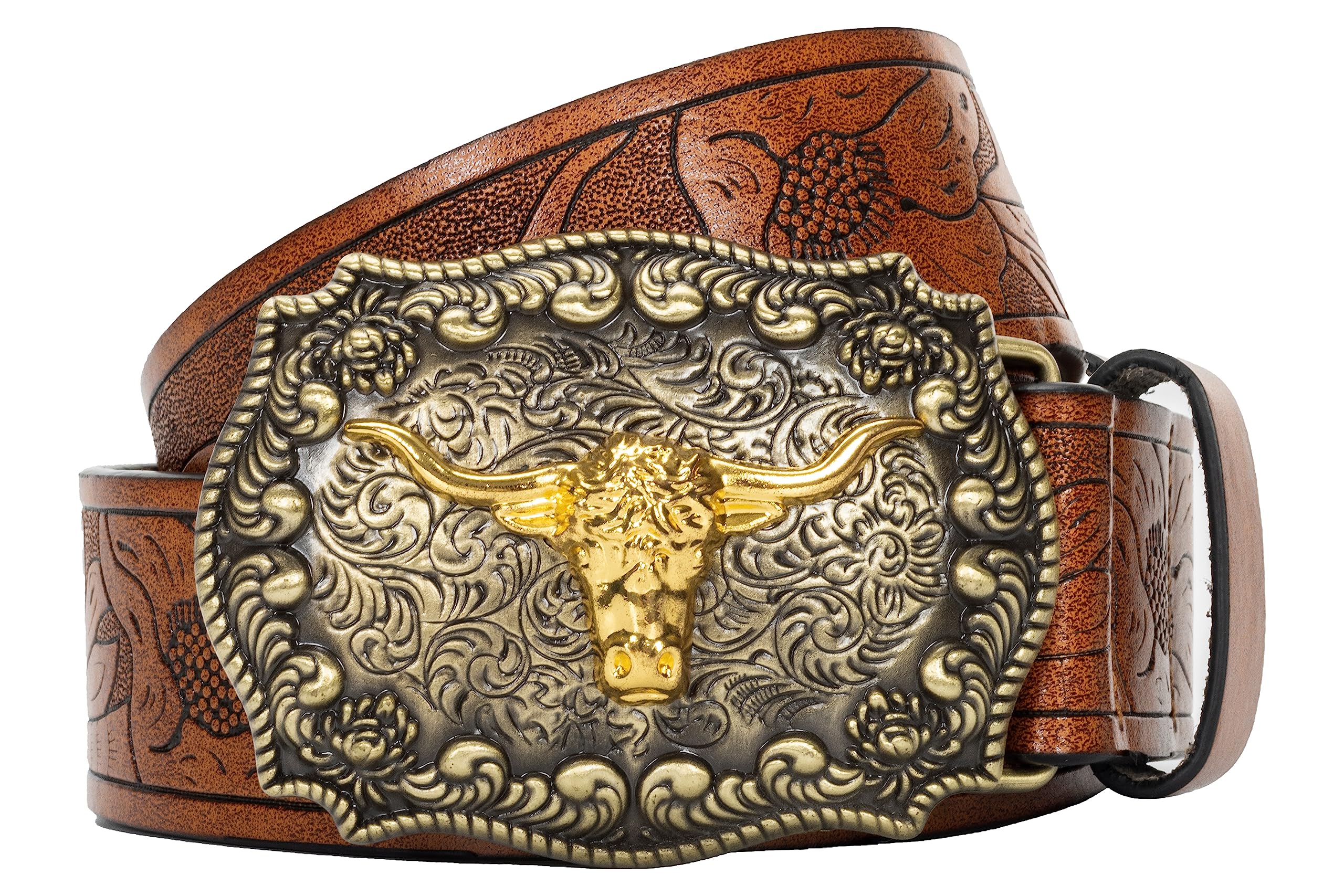 Mens-Western-Cowboy-Belt - Longhorn-Bull-Pattern-Buckle-Belt Floral-Engraved-Buckle-Belt Fit 25" to 38" Waist