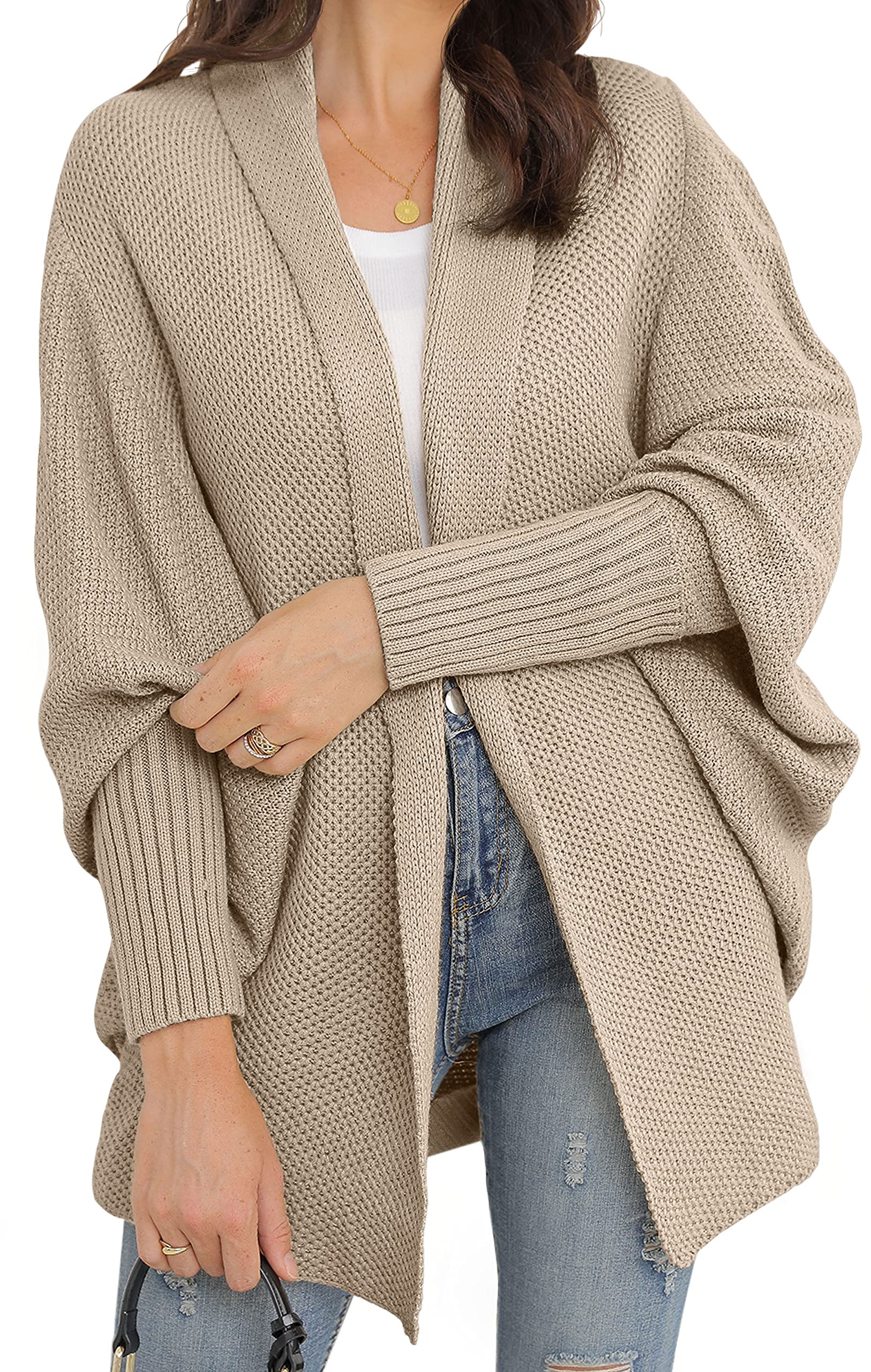 GRECERELLEWomen's Kimono Batwing Cable Open Front Knitted Slouchy Oversized Wrap Cardigan Sweater Outwear Coat