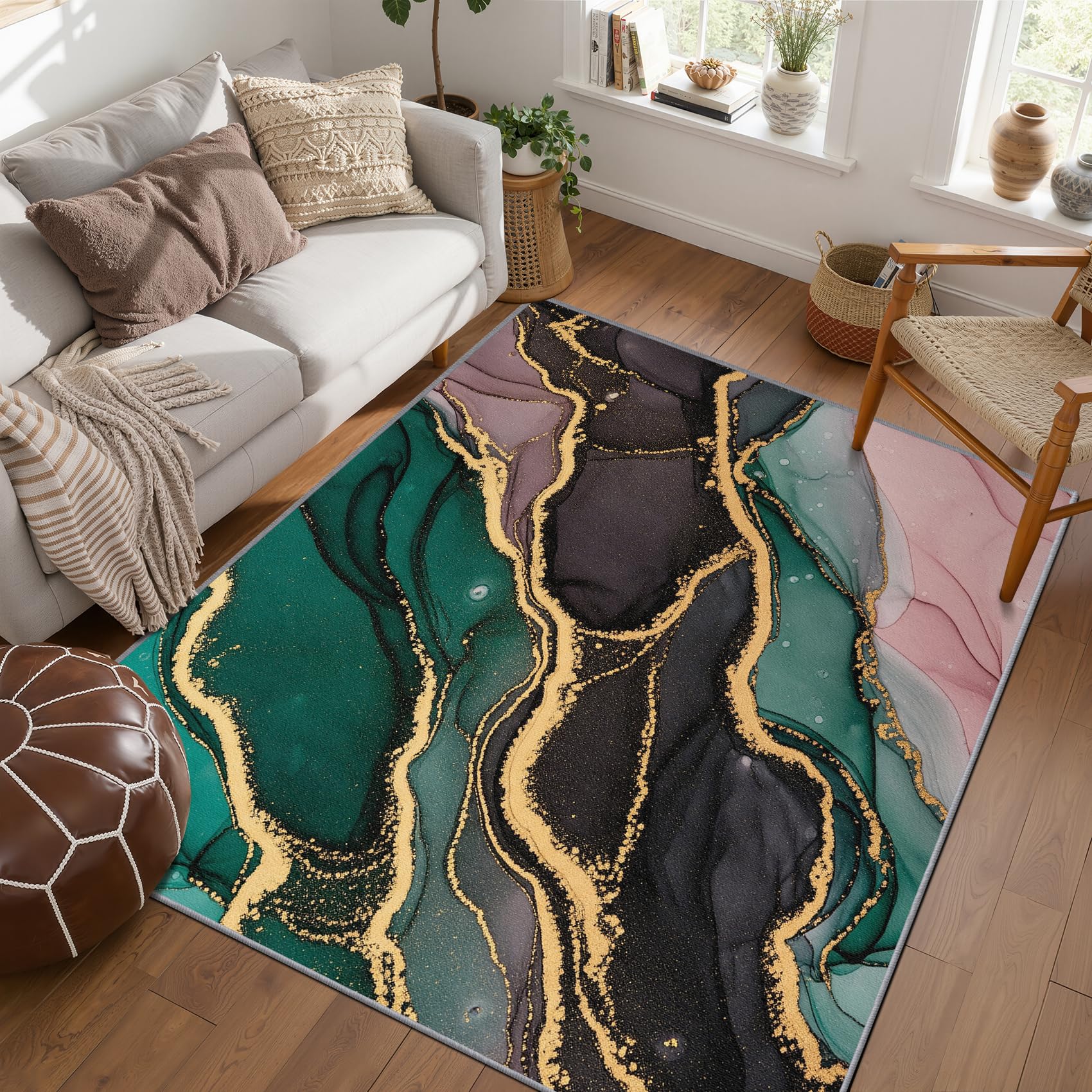 PaxGloz Marble Rugs Living Room Large - Emerald Green Pink Rug, Modern Luxury Rugs for Living Room Bedroom, Washable Non Slip Soft Small Carpet, Patterned Area Rug & Home Decor 50x80 cm