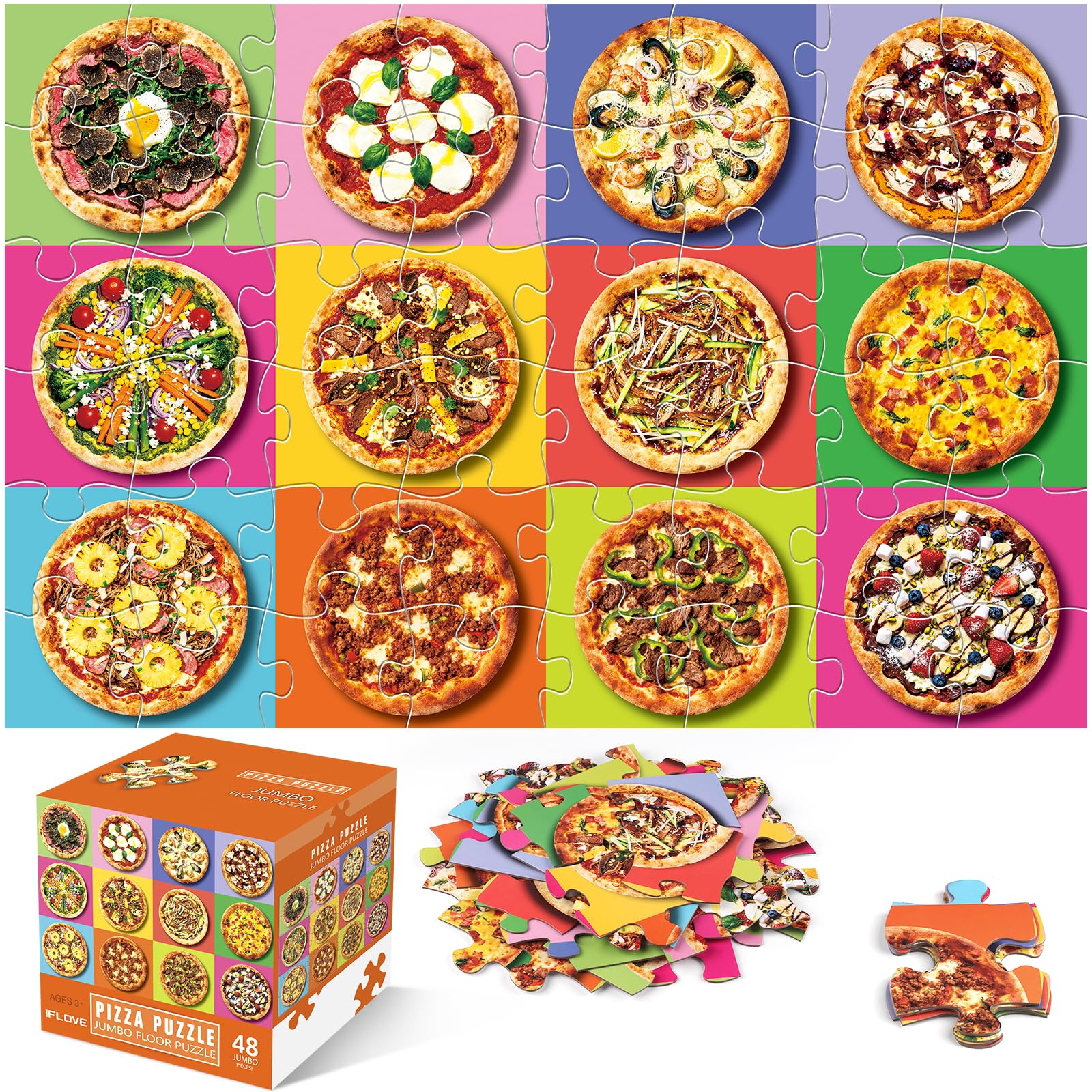 Jumbo Floor Puzzle for Kids,48 Piece Pizza Jigsaw Puzzle Ages 3-8 | Food-themed Learning Puzzle with Colorful Pizza,Extra-thick Cardboard,35x24 in Completed,Gift for Boys and Girls