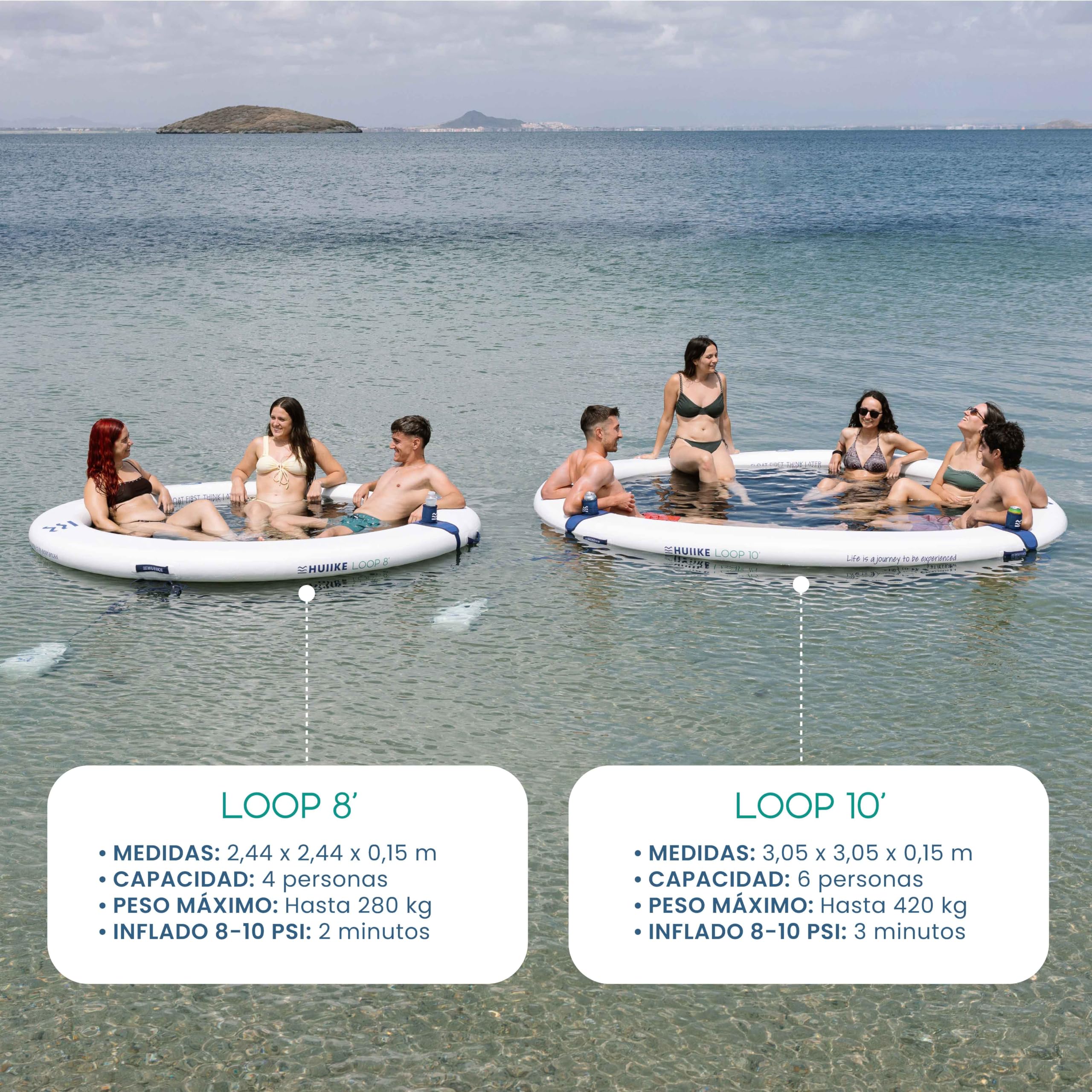 HUIIKE Anillo Hinchable 4 o 6 Personas, 280 o 500 kg, con Accesorios | Loop de 2,44 m o 3,05 m para Adultos y Niños. Plataforma Flotante con Inflador, Ancla de Arena, 2 Soportes Bebida y Mochila