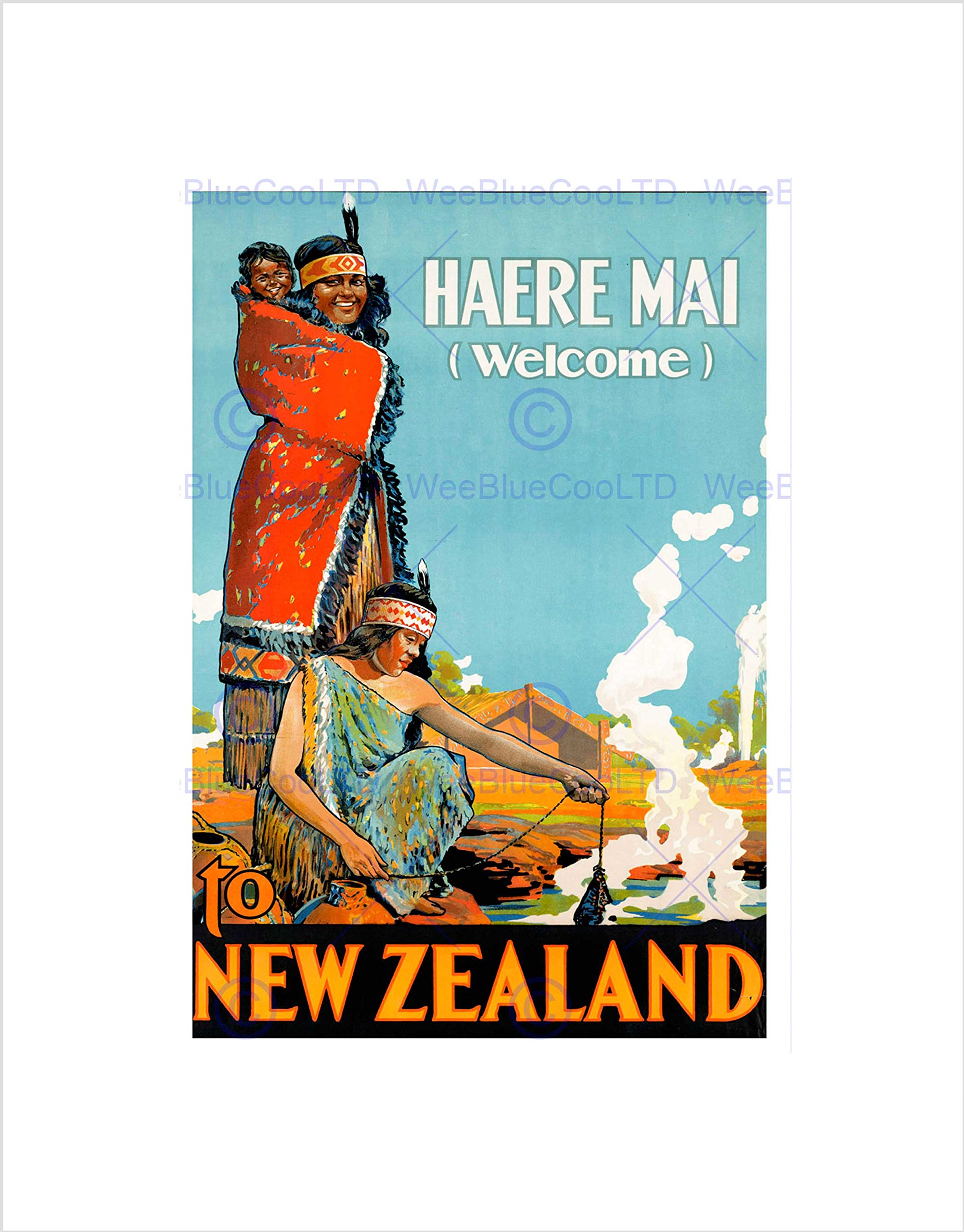 Wee Blue Coo Travel New Zealand Native Maori Welcome Costume Hot Spring Wall Art Print