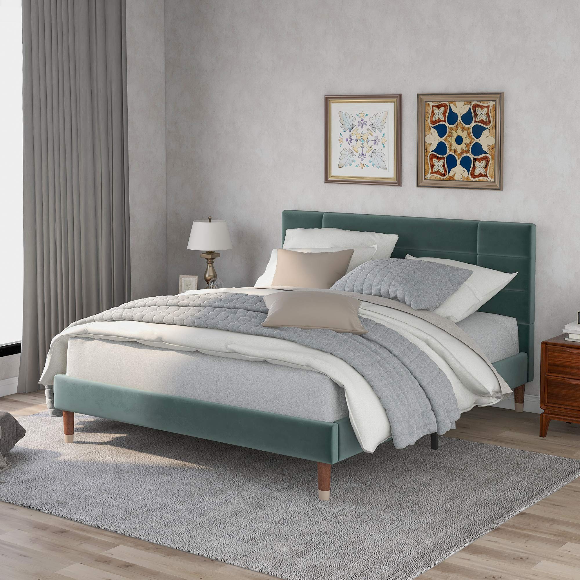 ModernLuxe Cama doble tapizada con cajón y somier, 140 x 200 cm, estructura acolchada con cabecero en terciopelo verde oscuro para adultos y jóvenes (colchón no incluido) (verde oscuro)