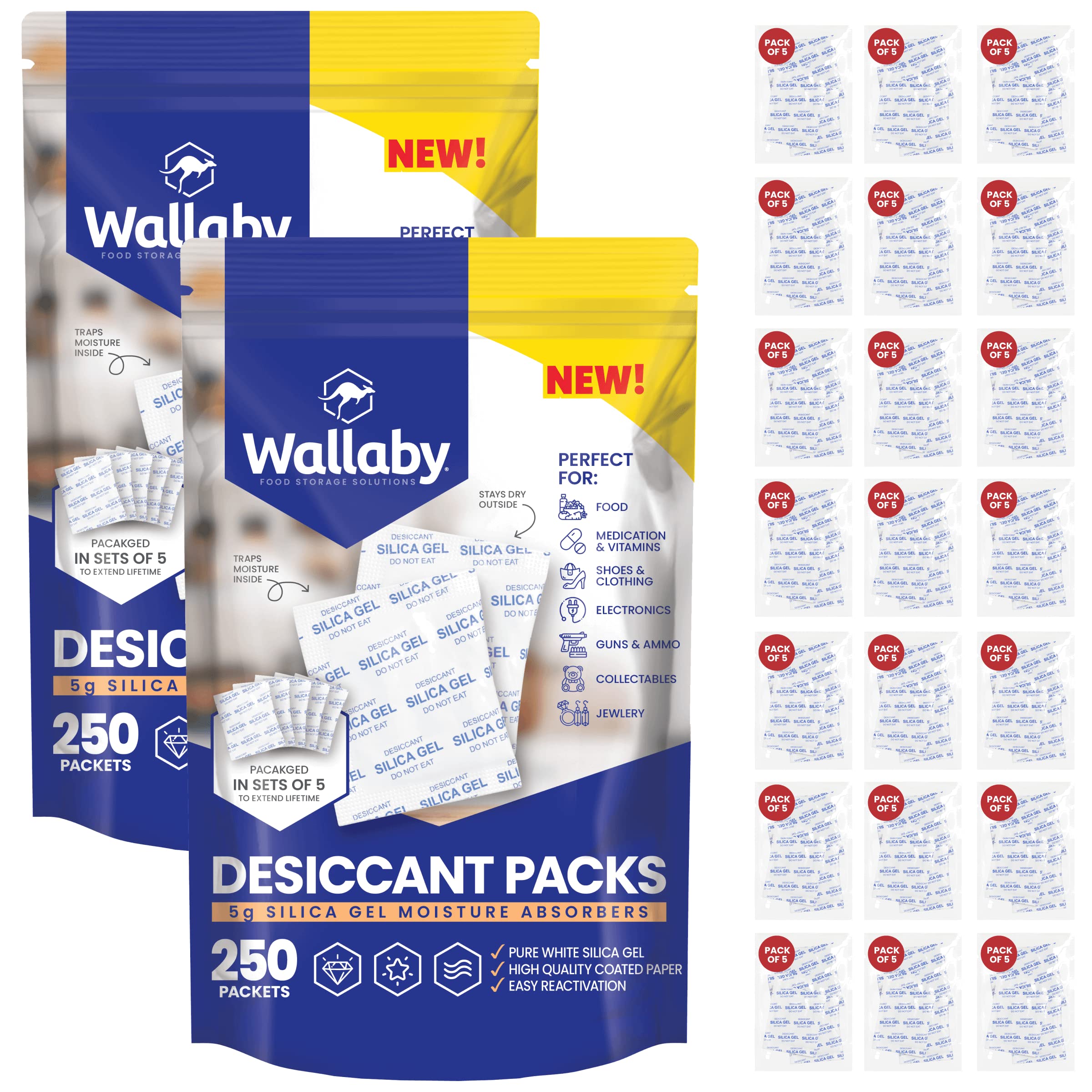 Wallaby 5 gram (500 Packets) Food Safe Pure White Silica Gel Desiccant Dehumidifier Packs - Rechargeable & Coated Moisture Absorbers - Protects Against Moisture Damage - (Packed in 100x Sets of 5)