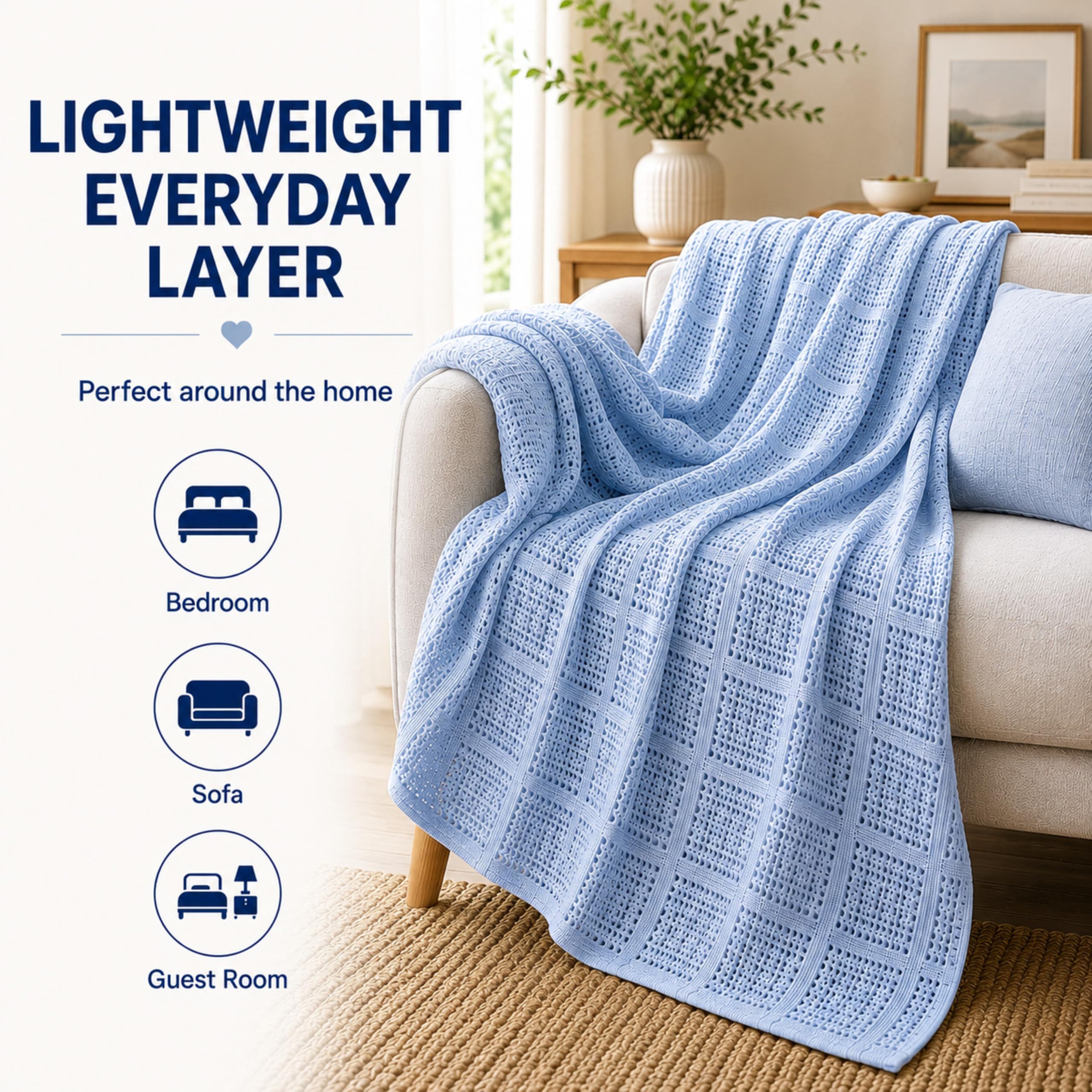 Family Bedding Niebieski koc komórkowy w rozmiarze king size, dla dorosłych, bawełna, duży koc na łóżko, dwustronny, lekki, termiczny, miękki, tradycyjny koc komórkowy (230 x 260 cm)