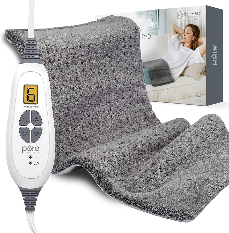 Pure Enrichment PureRelief® XL Heating Pad - 12" x 24" Electric Heating Pad for Back Pain &amp; Cramps, 6 Heat Settings, Soft Machine Wash Fabric, Auto-Off &amp; Moist Heat (Charcoal Gray)