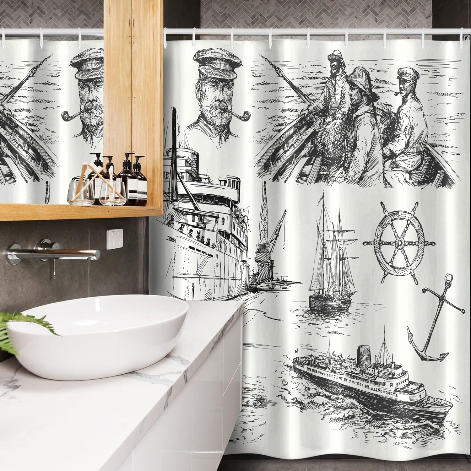 Ambesonne Nautical Stall Shower Curtain, Fisherman Captain Seaman Sailboat Old Historic Sketch Monochromic Style Artwork, Fabric Bathroom Decor Set with Hooks, 54" W x 78" L, Black White