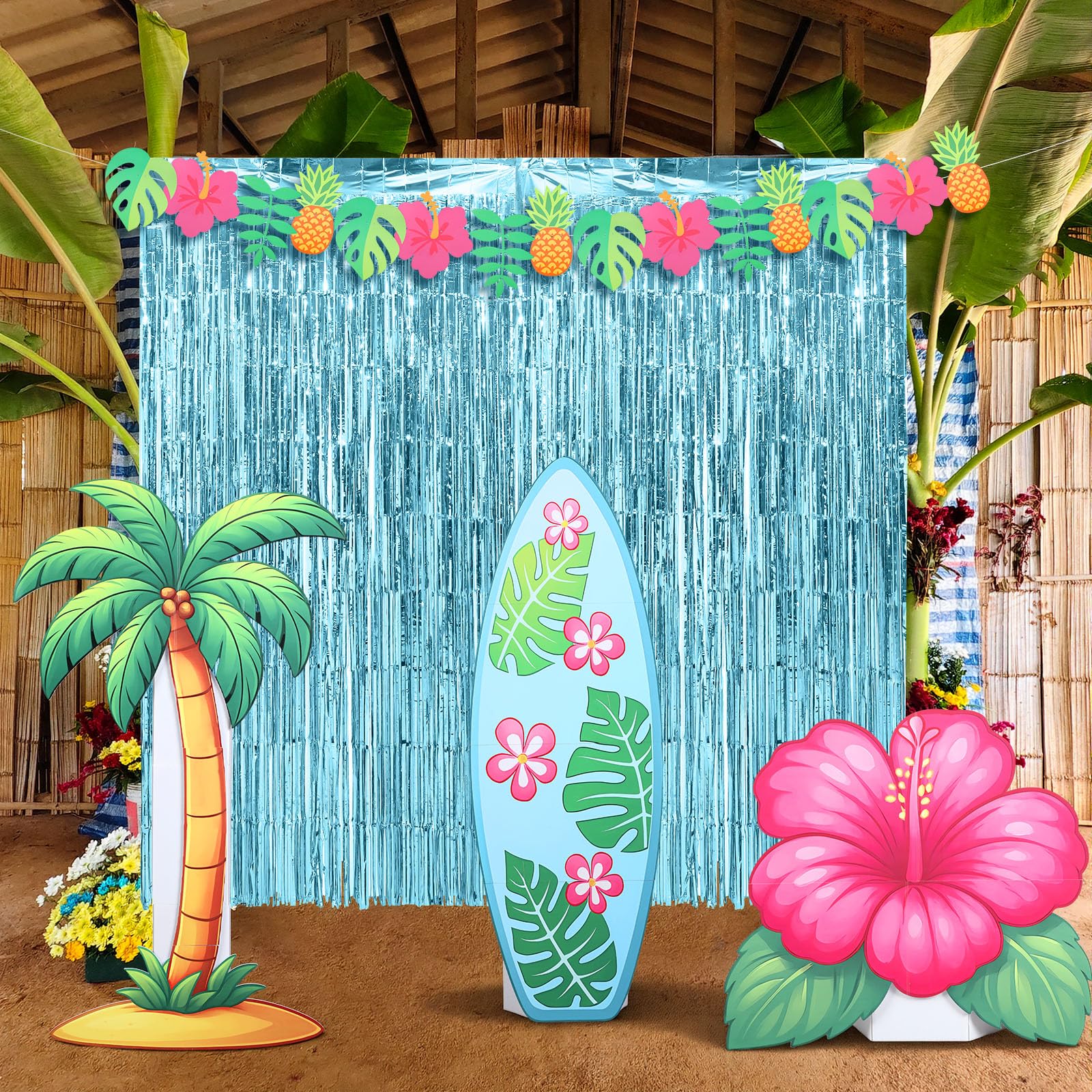 Jenaai Tropische Luau-Party-Dekoration, Strand-Hawaii-Partyzubehör, beinhaltet 2 blaue Folien-Fransenvorhänge, 3 große Surfbrett- und Palmen-Karton-Dekor, Papierbanner für hawaiianischen