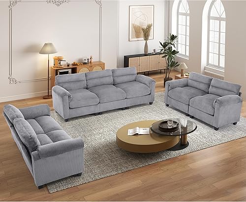 Miniatura 24 de Juego de sofá de pana, otomana tapizada, sofá de dos plazas y sofá de 3 plazas con cojines mullidos y brazos redondeados, juegos de muebles modernos