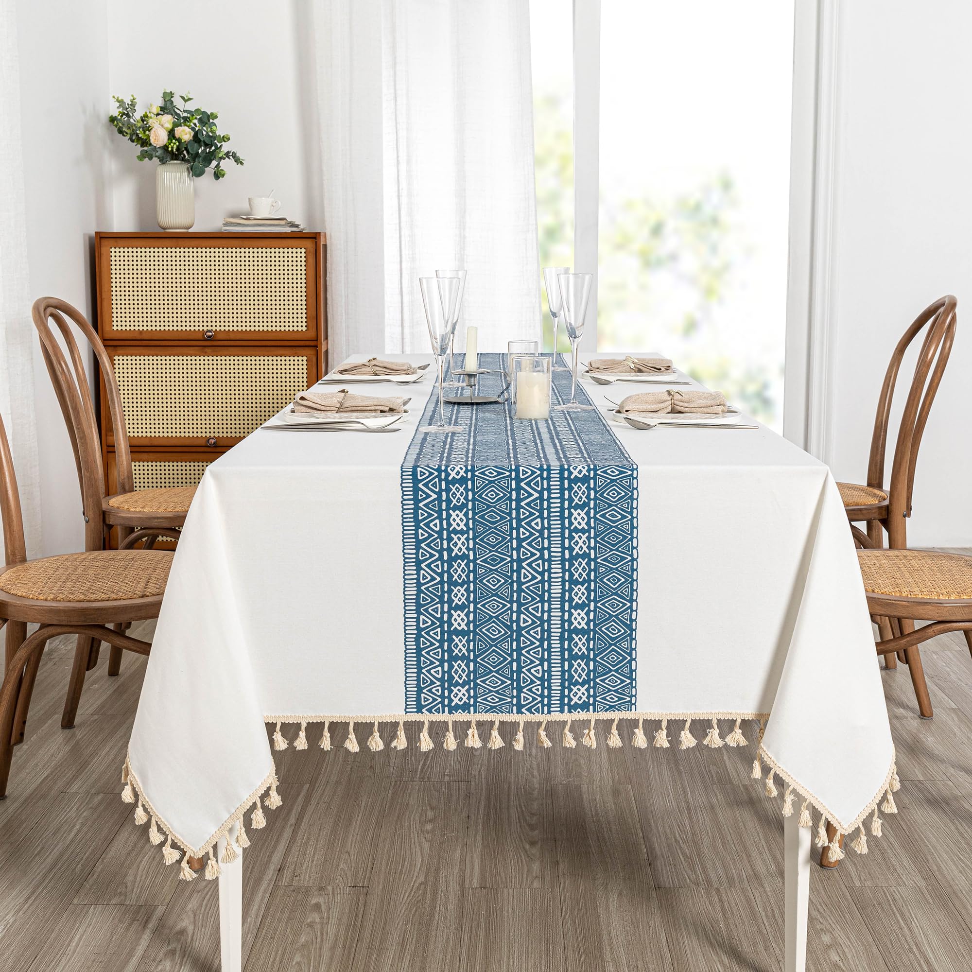 MYSKY HOME Tablecloths for Rectangle Tables, Tablecloth Rectangular Water Resistant, Table Cloths, Heavy Duty Wrinkle Free Cotton Table Cloth for Kitchen, Dining Room with Tassels, 55 X 70, 4-6 Seats