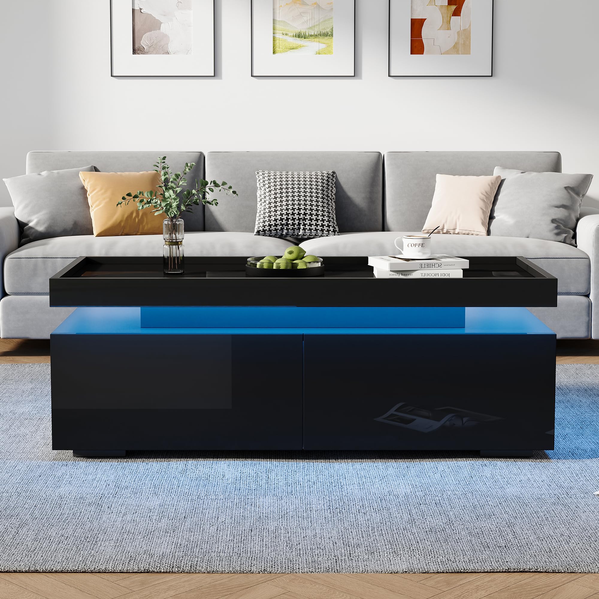 Stolik kawowy 95 x 45 x 35 cm czarny | stół do salonu, stolik kawowy | Nowoczesny stół do salonu z diodami LED, miejscem do przechowywania i szufladami – idealny jako stolik na co dzień i