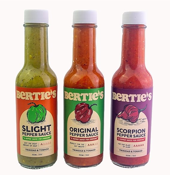 Bertie's Trinidad Pepper Sauce Gift Pack - Original - Scorpion - Slight | 3 x 150ml / 5 Ounce. | 3-Pack