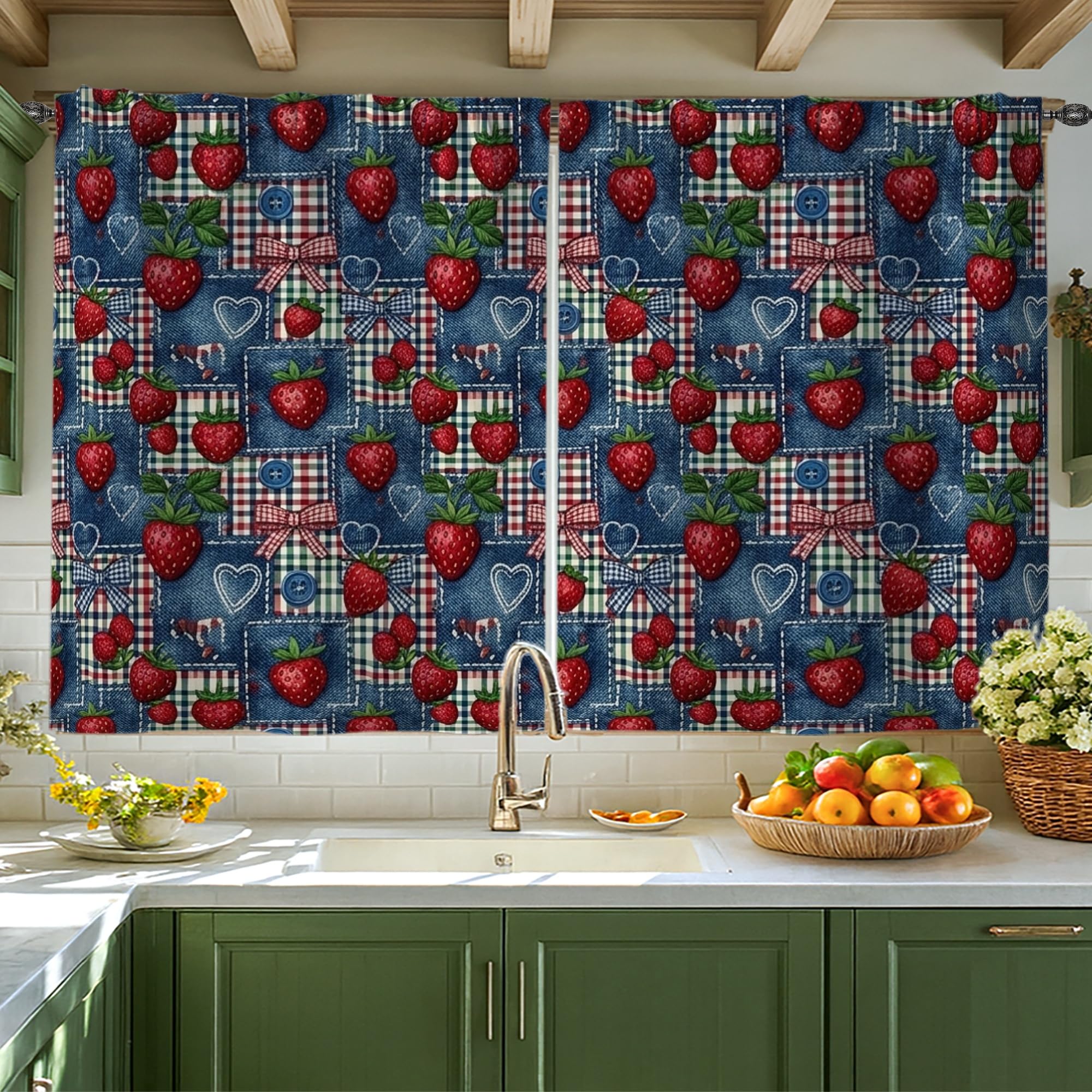 Rideaux de cuisine rustiques motif cœur décoration petite fenêtre évier et salle à manger