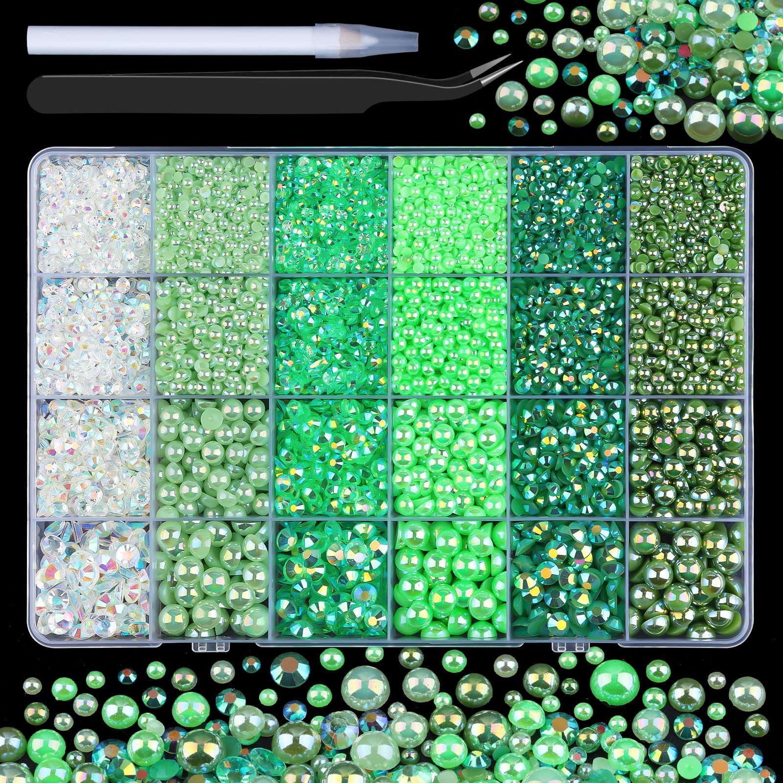 Kikonoke 10000PCS Green Flatback Pearls and Rhinestones Kit, 3-8mm Half Pearls & AB Rhinestones with Tweezers & Pickup Pen for Nail Art, Tumbler