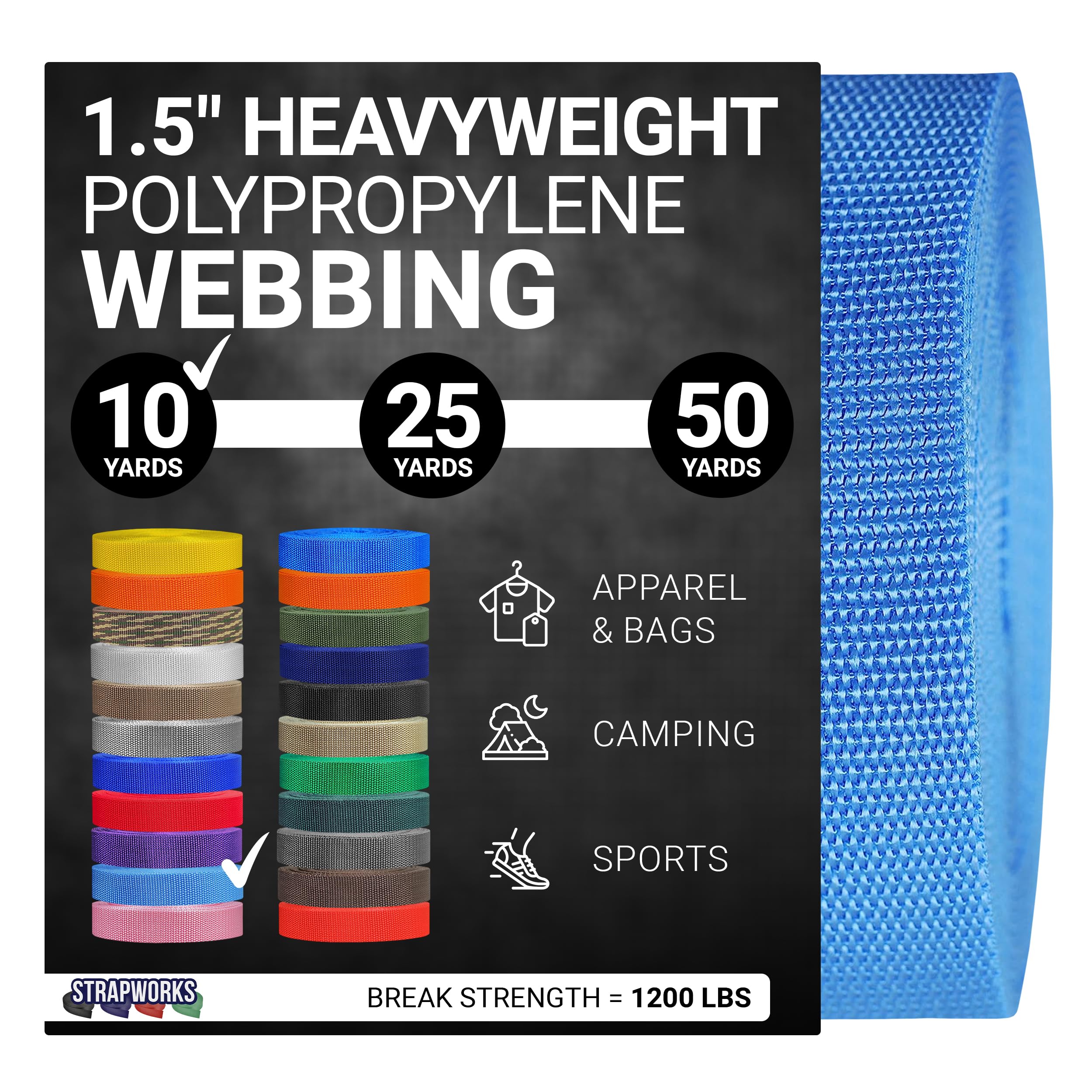 Strapworks Heavyweight Polypropylene Webbing - Heavy Duty Poly Strapping for Outdoor DIY Gear Repair, 1.5 Inch x 10 Yards, Powder Blue