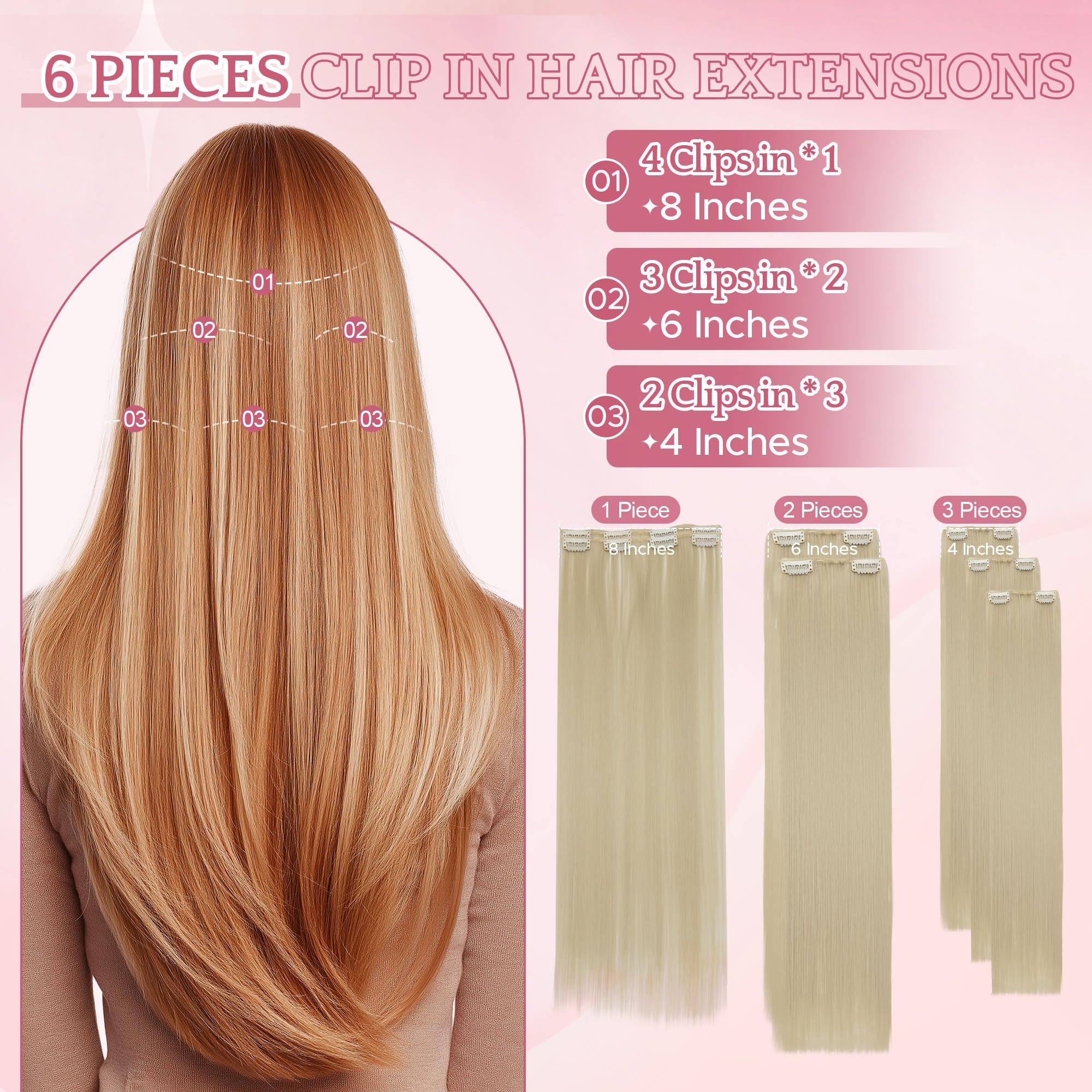 SEGO Clip In Hair Extensions 24 Inch 6PCS Thick Clip In Hair Hairpieces 150g Long Straight Hair Extension Synthetic Full Head for Women Pale Blonde - Image 3