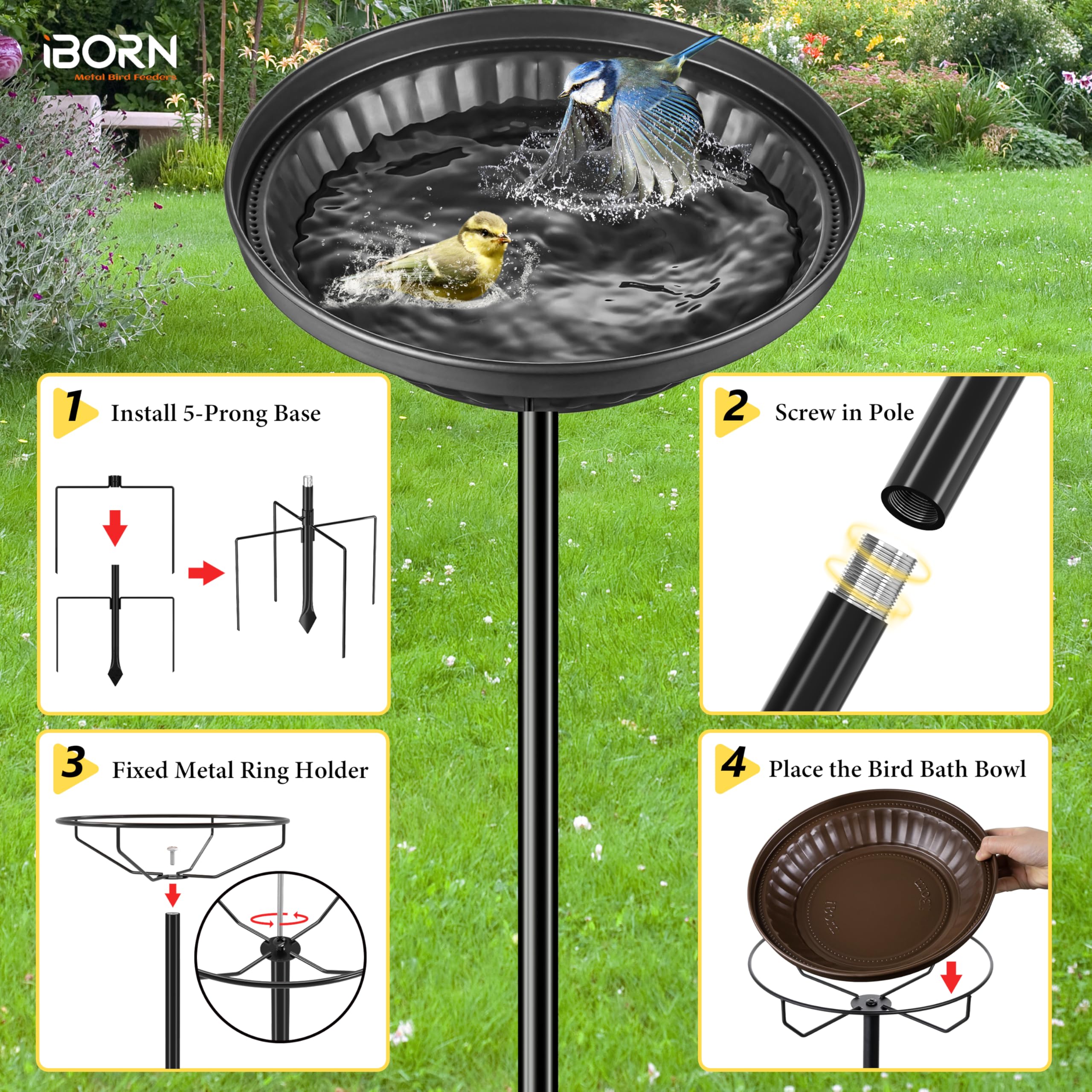 iBorn Freistehendes Metall-Vogelbad, fünfzinkiger Fuß, Höhe 37,4 Zoll, robust & abnehmbar, Vintage-Gartendekor, Schwarz, für Terrasse, Hof & Rasen