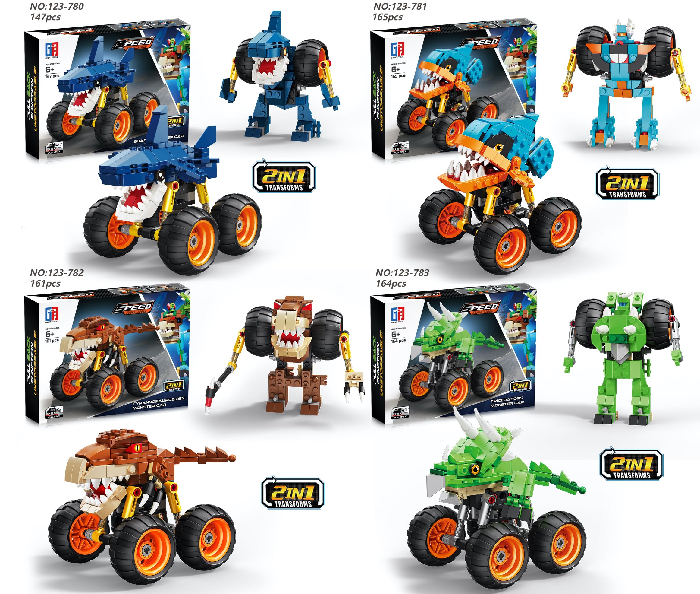 iZEL Kids 2-in-1 Bricks Transforming Technology Pull-Back Shark/Piranha/Tyrannosaurus Rex/Triceratops Monster Big Wheel Pack of 4 Boxes (147-165 PCS) - Image 2