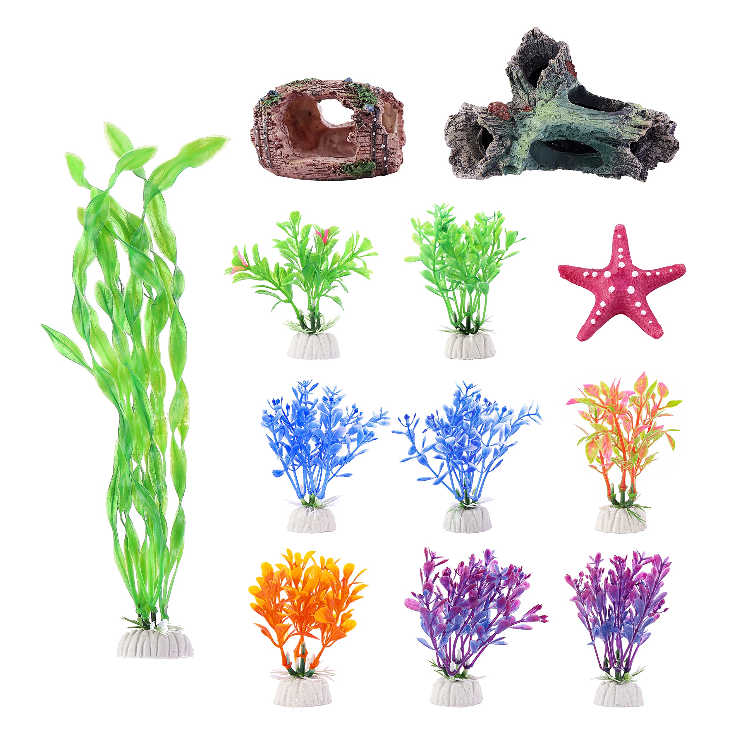 Lpraer Fish Tank Accessories，12 Artificial Aquarium Plants and Resin Cave Hideout Ornaments – Vibrant, Fish-Safe, and Easy to Clean Aquarium Decorations
