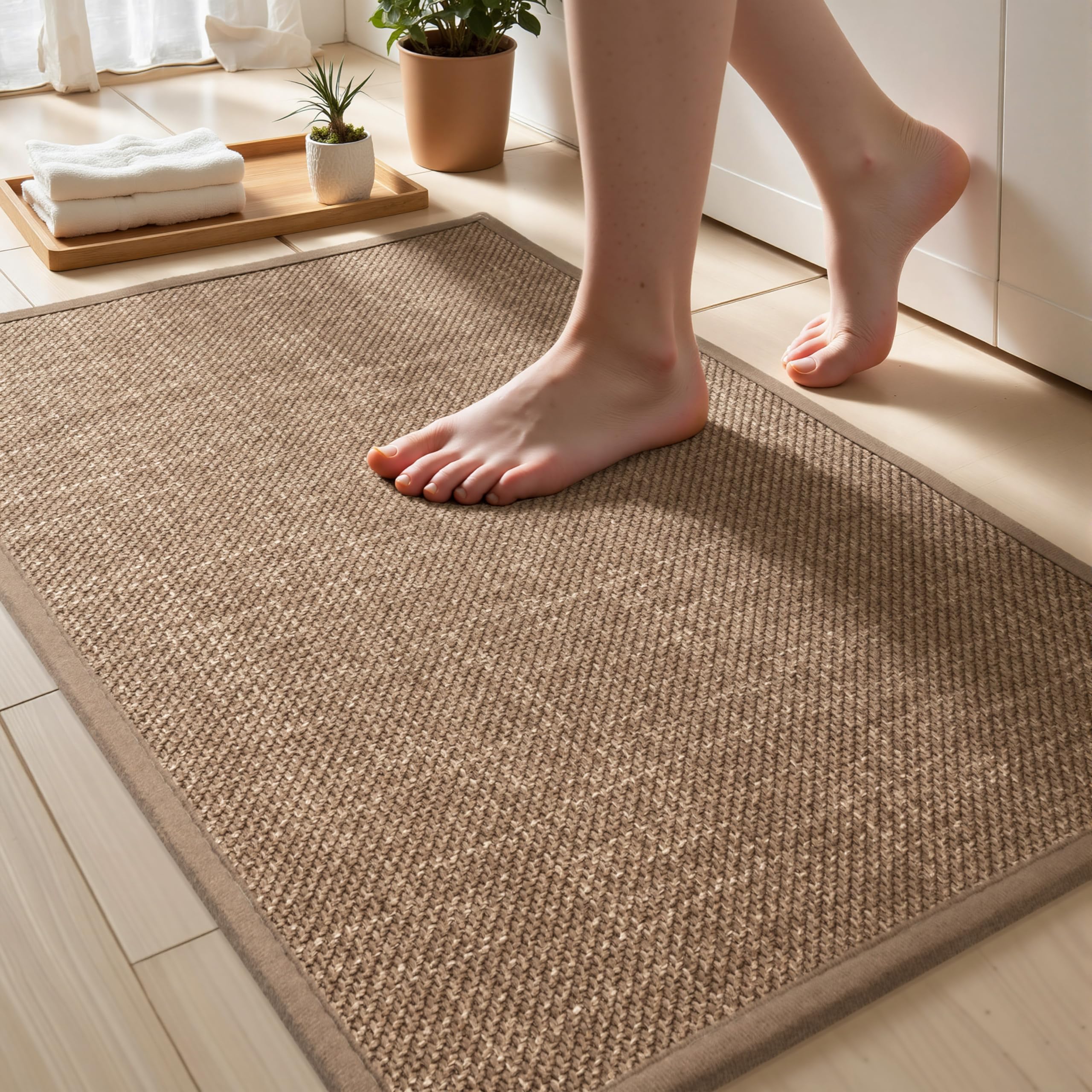 AevitasX Non Slip Bath Mat with Rubber-Backing Thin Bathroom Rugs Fit Under Door Machine Washable Quick Dry Camel Small Toilet Rug, 17" x 24"