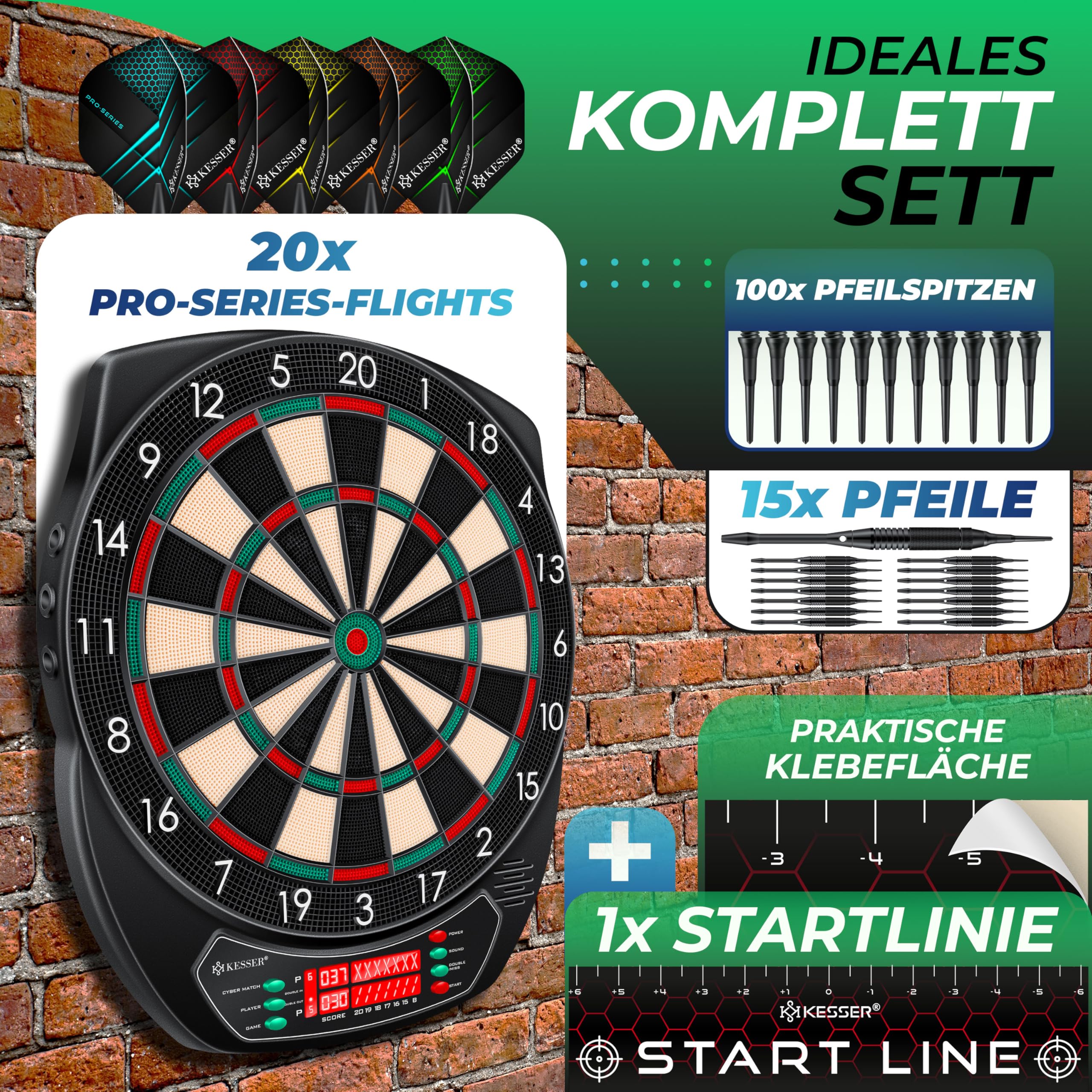 KESSER® Elektronische Dartscheibe Profi Set - E Dartboard mit 15 Dartpfeile + 20 Pro Flights 100 Pfeilspitzen + Zubehör Dart für 1 bis 8 Spieler mit LED Anzeige