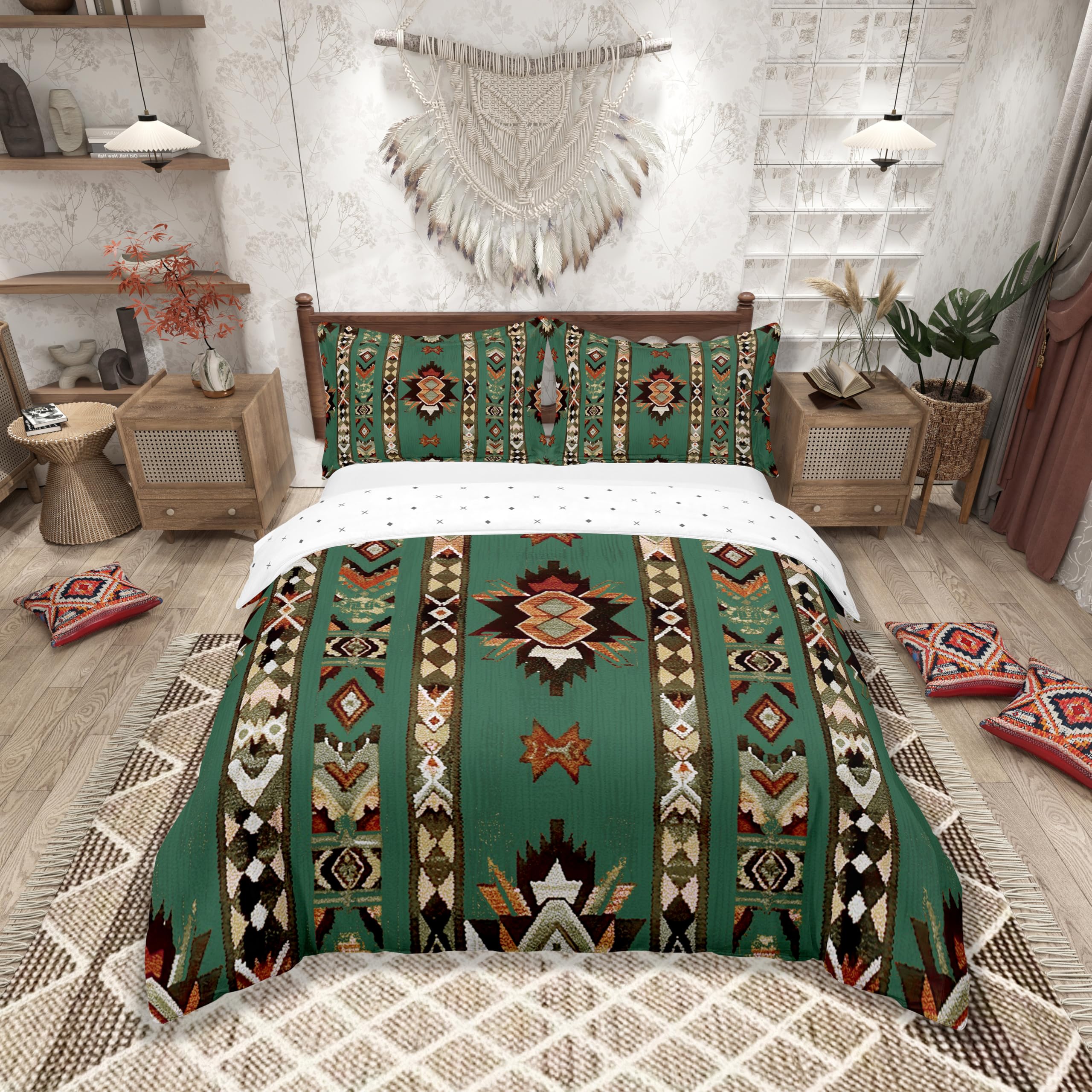 Loussiesd Grün Südwesten 100% Baumwolle Bettwäsche Set 135x200cm Geometrisch Bettwäsche Dekor Tribal Exotic Style Native American Indian Design Bettbezug Set Streifen Linie Bettwäsche-Set