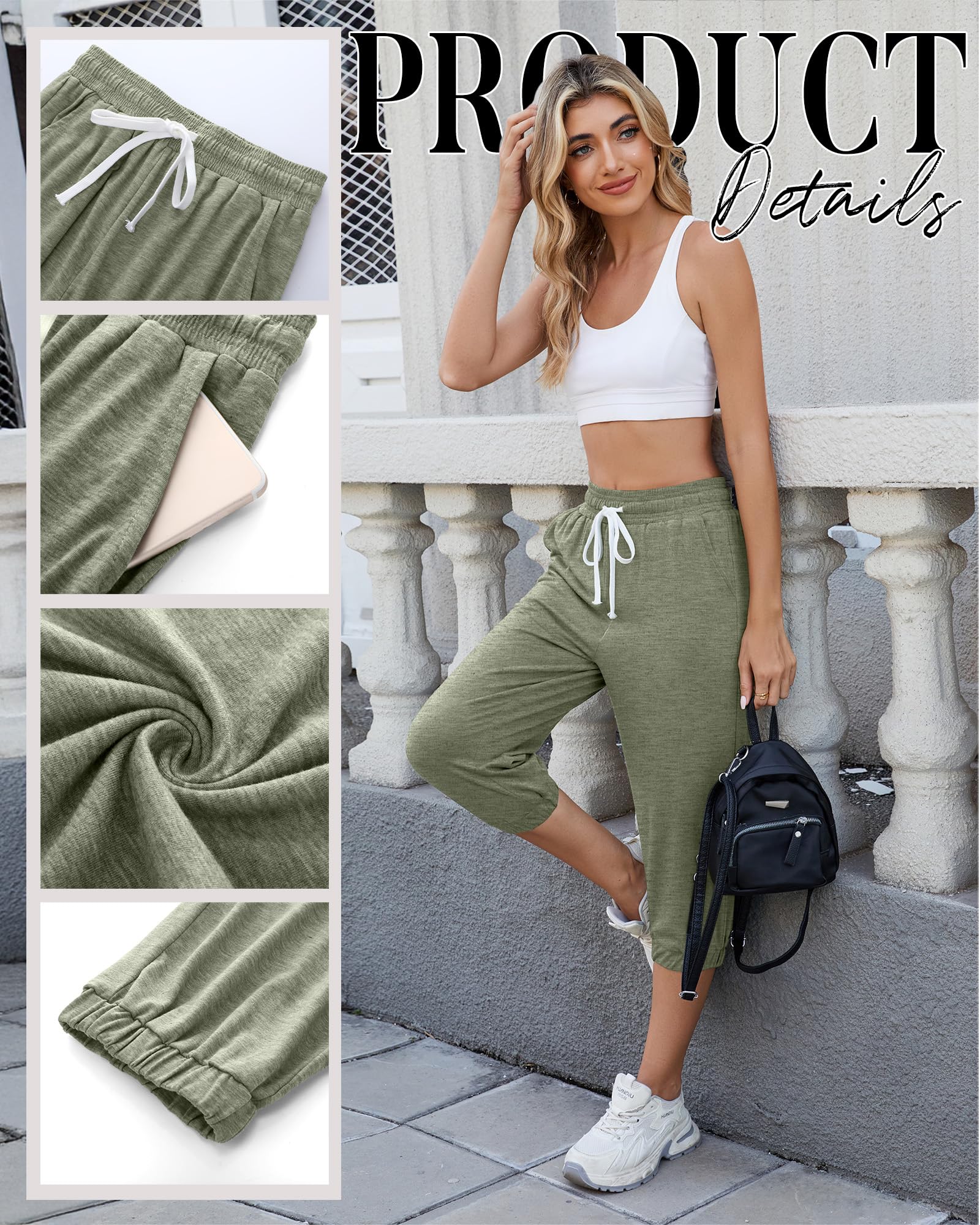 Ficerd 3 Piezas Pantalones Deportivos Capri para Mujer Estilo Jogger Informales de Verano de Cintura Alta con Bolsillos