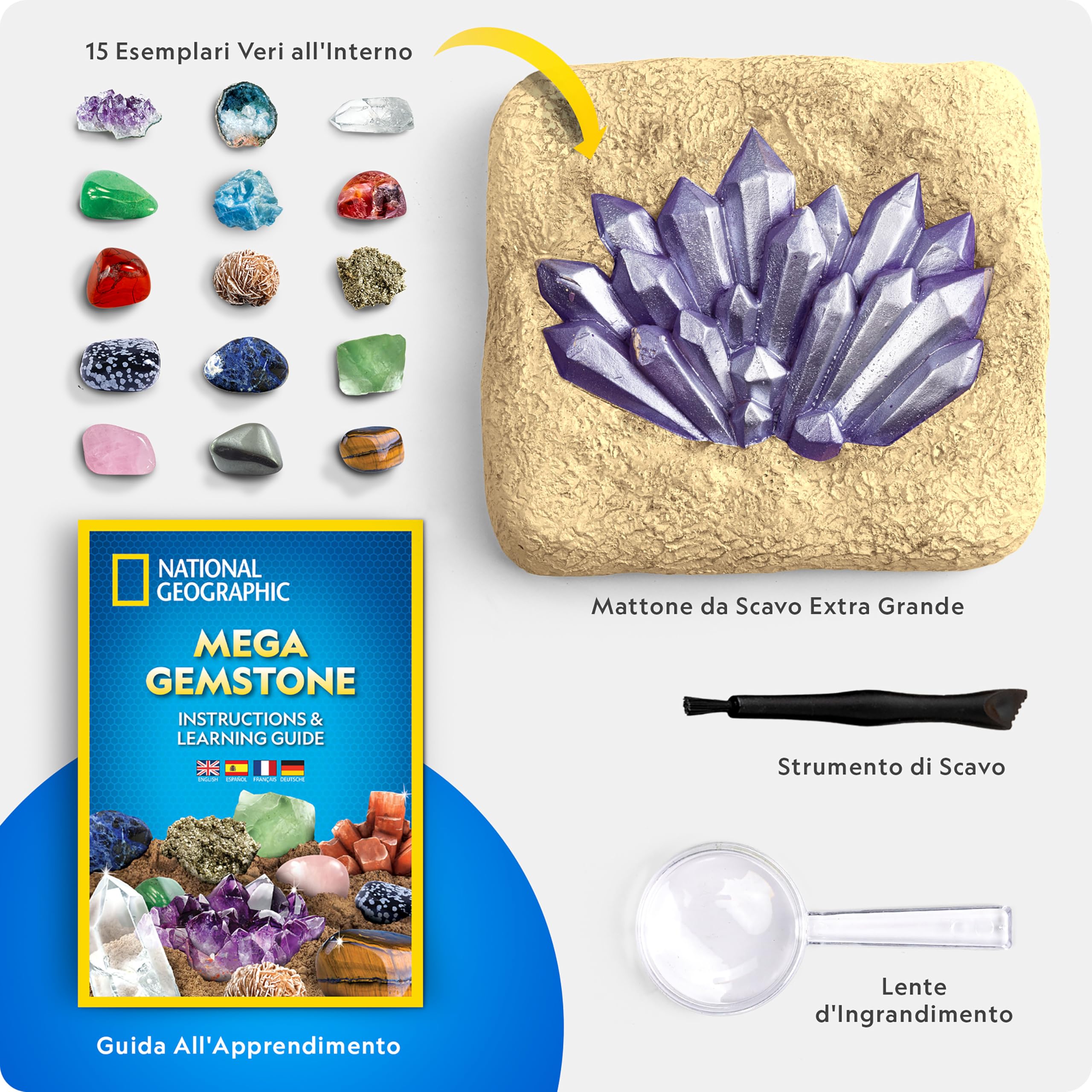 NATIONAL GEOGRAPHIC Mega Kit di Scavo di Gemme – Kit di Scavo di Cristalli e Pietre Preziose, Gioco Educativo per Bambini, Regalo per Bambine e Bambini, Collezione di Minerali