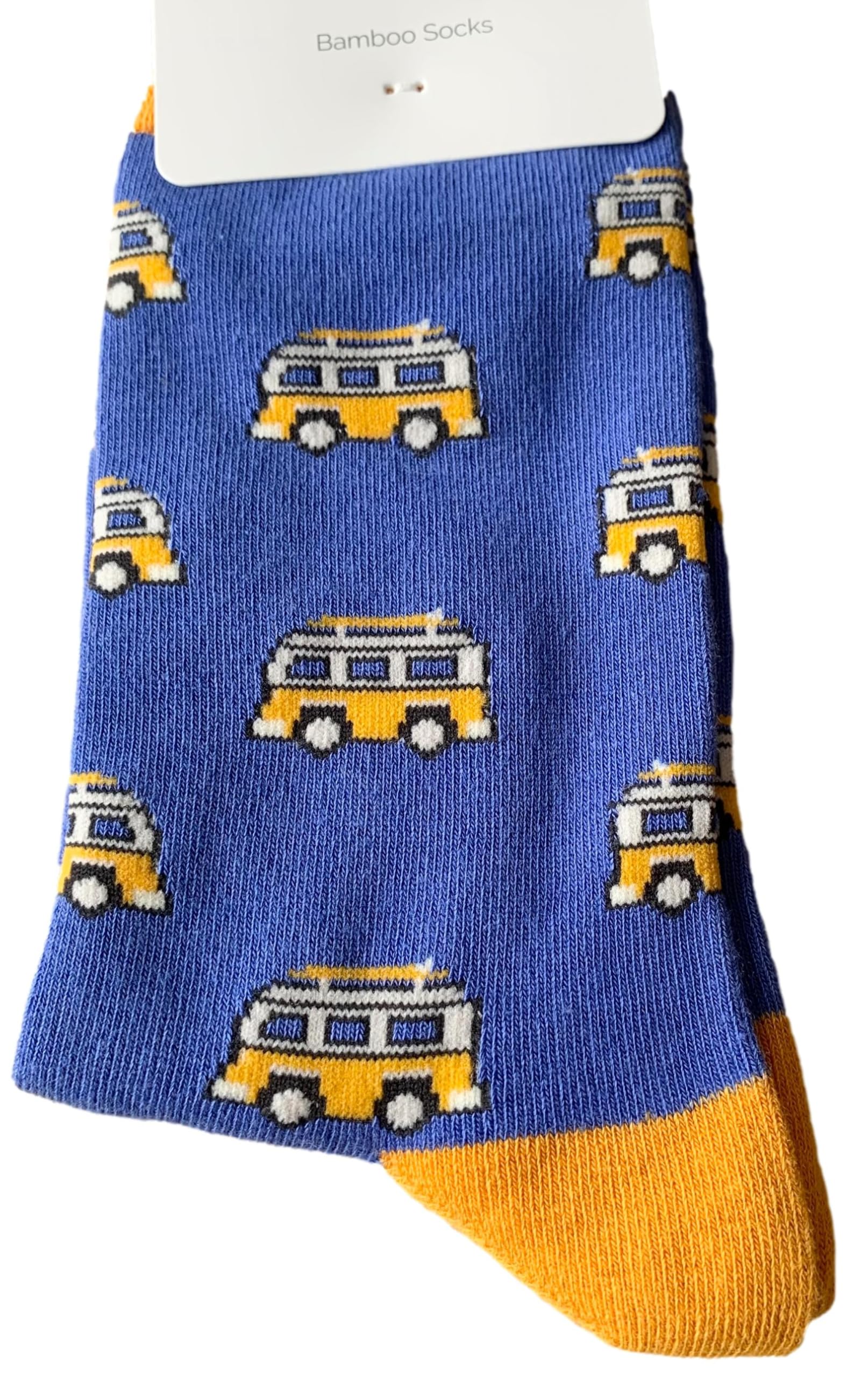 Purple Possum® Mens Socks Campervan Pattern Blue Yellow Novelty Fun Striped Bamboo Cotton Blend UK Shoe Size 8-12 Camper Van