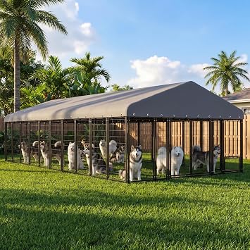 10X20FT Large Dog Kennel Outside Heavy Duty Dog Kennel Outdoor with Feeding, Double Door Outdoor Dog Crate Durable Dog Cage with Roof & Double Lock, 120.6" X 235.4" X 73.4"