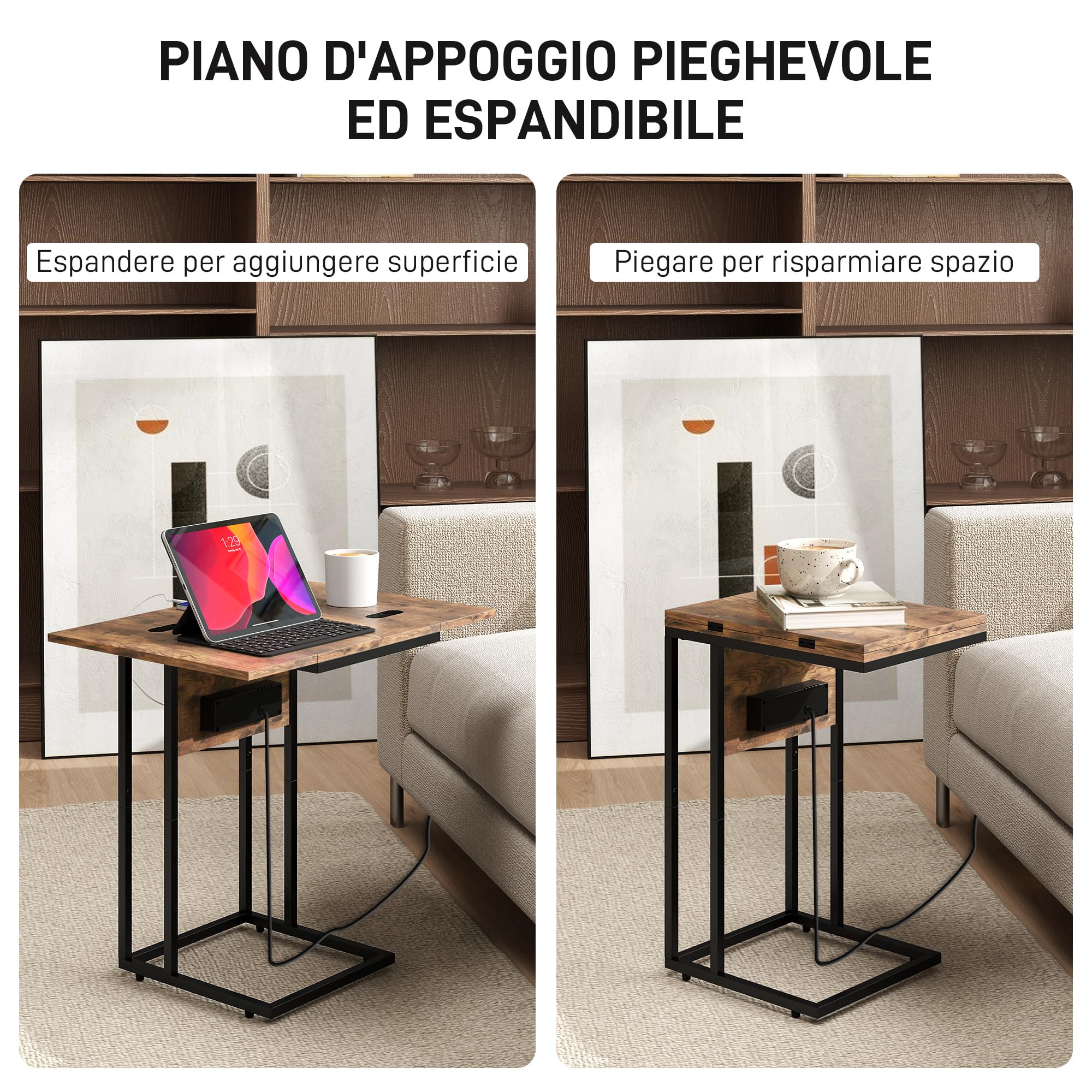 HOMCOM Mesa Auxiliar con Encimera Plegable 39x29x57 cm Marrón Rústico | Mesa Auxiliar para Sofá, Estación de Carga, Forma de C, Puerto USB y USB-C, Salón y Dormitorio