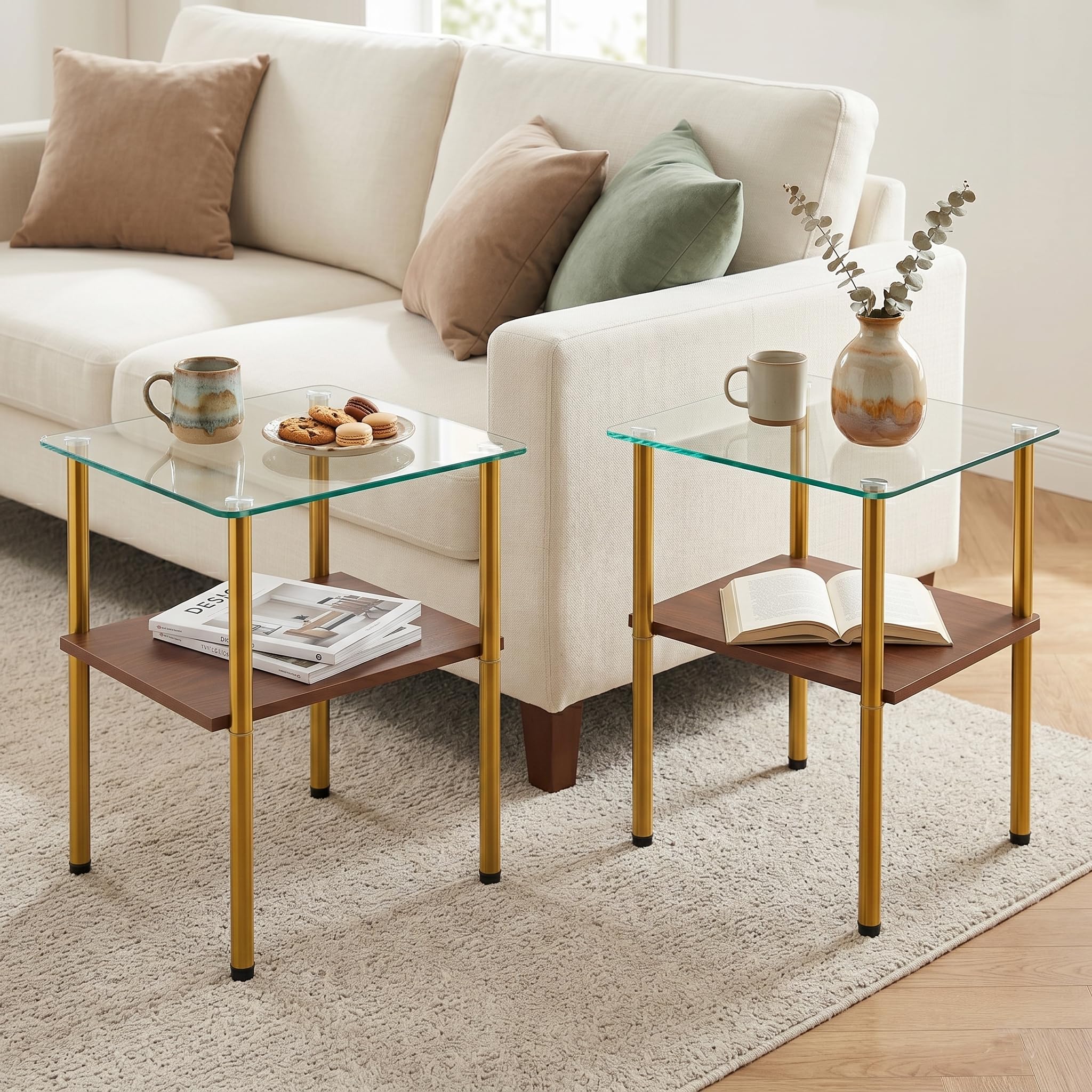 Glass Side Table Set of 2, 16 inch Square End Table with Clear Tempered Glass Top for Small Space, 2-Tier Bedside Table Sofa Couch Table, Nightstands Set of 2 Accent Table for Living Room, Apartment