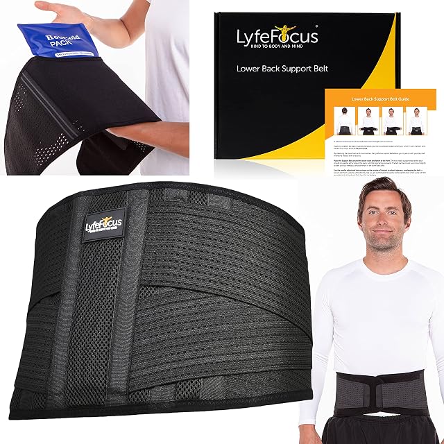 LyfeFocus Premium Adjustable Lower Back Support Belt for Men & Women - Breathable Lumbar Support Brace Supplied with Reusable Hot Cold Pack for Pain & Muscle Tension Relief (Check Size Table - XXL)