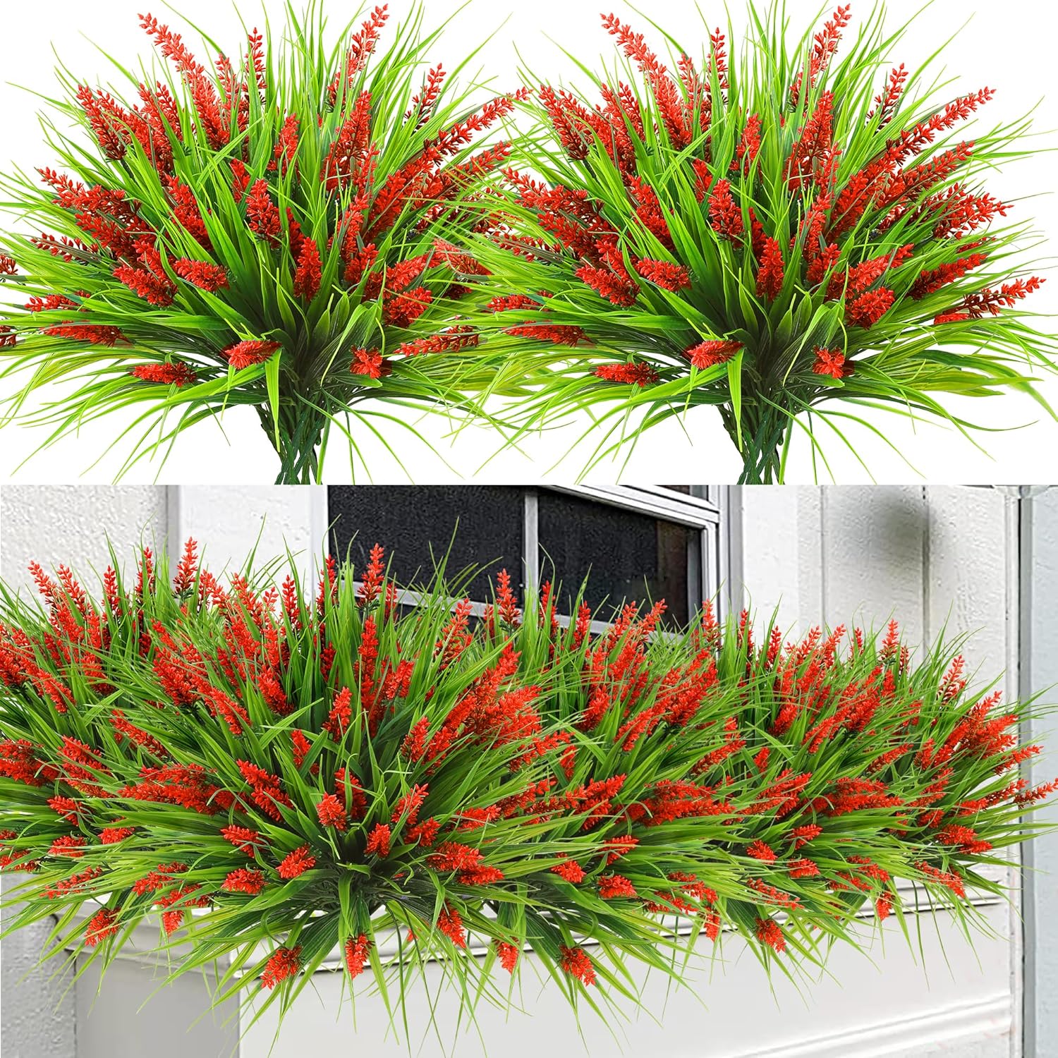 Sggvecsy 24 Bundles Artificial Plants Outdoor Faux Lavender Flowers Fake Monkey Grass UV Resistant Plastic Greenery Plants for Garden Home Porch Window Patio Hanging Planter Indoor Decor (Red) 24pcs Red