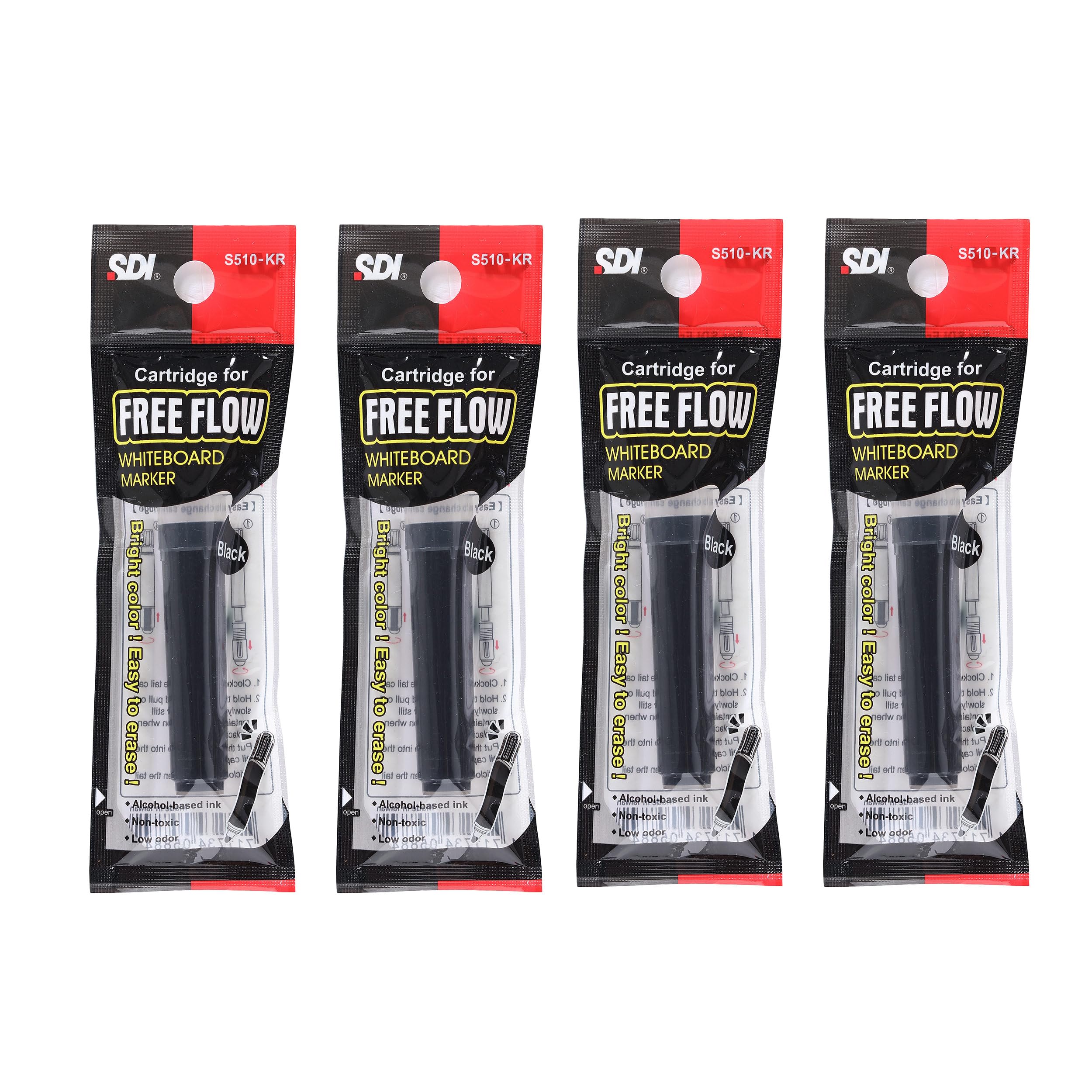 Rotulador de Pizarra Blanca FREE FLOW PREMIUM, Recargable por Cartuchos – Trazo de Calidad de 2.3 mm – NO Olores - No Tóxico - 100% Eco - Punta Cónica - Calidad SDI (Recambio Negro 4 Ud)