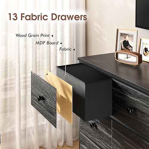 Miniatura 8 de EnHomee Cómoda negra, cómoda para dormitorio con 13 cajones de almacenamiento, aparadores y cómodas para TV de 55 pulgadas, cómoda negra para