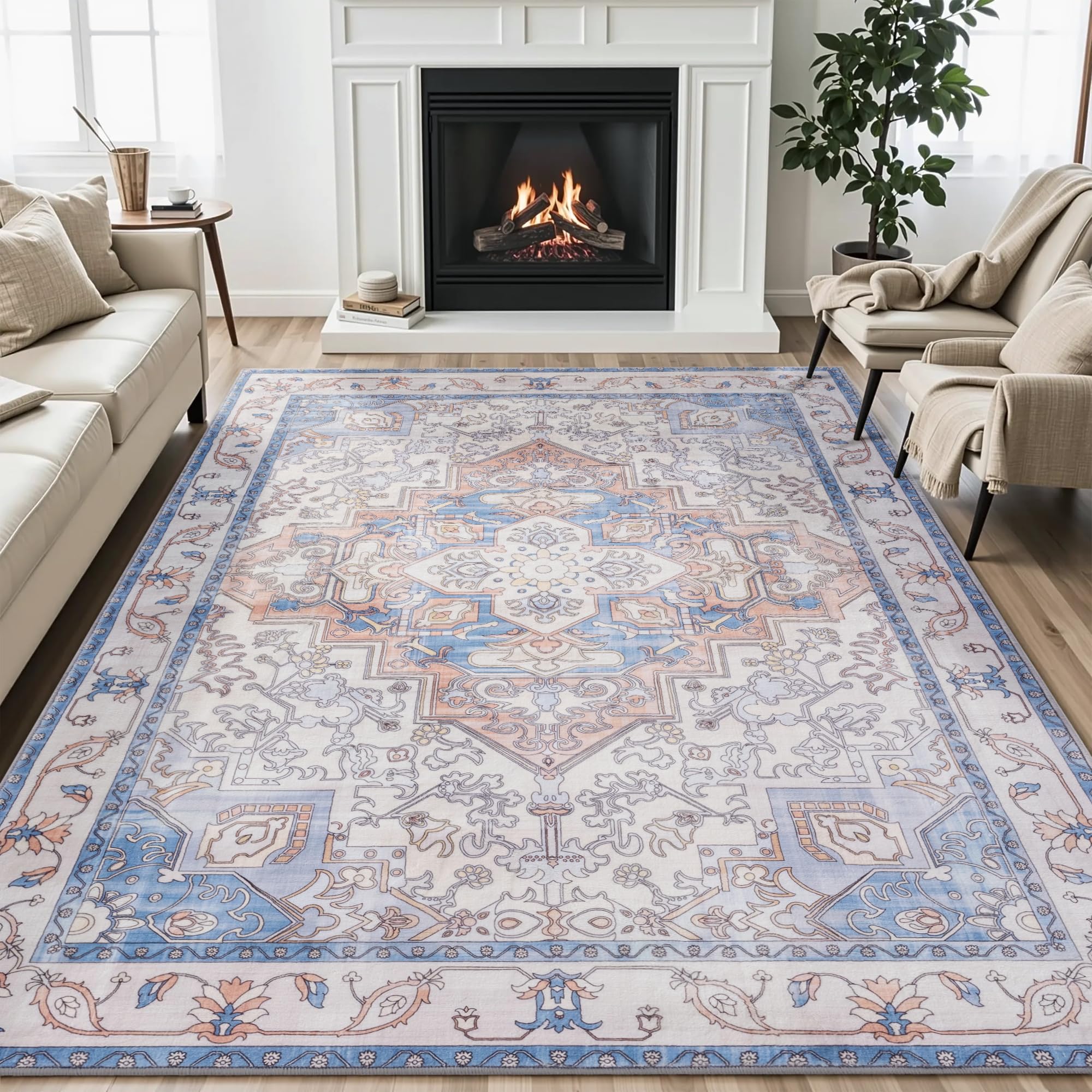 Tapis vintage lavable anti-tache pour protéger le sol du salon des animaux