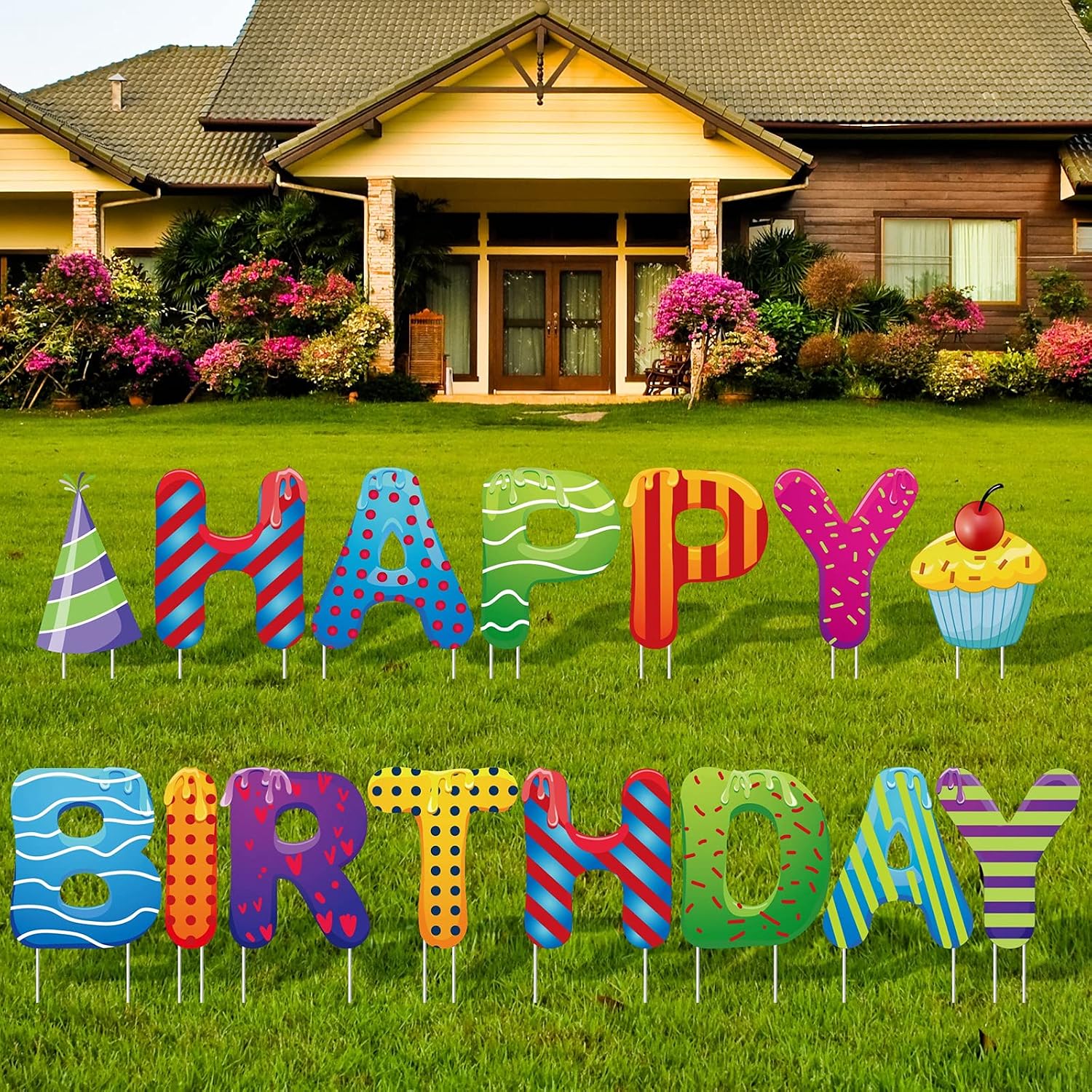 URATOT 15 Pack Happy Birthday Yard Sign with Stakes Letter Cupcake Birthday Hat Happy Birthday Yard Sign Decorations Outdoor Lawn Decorations