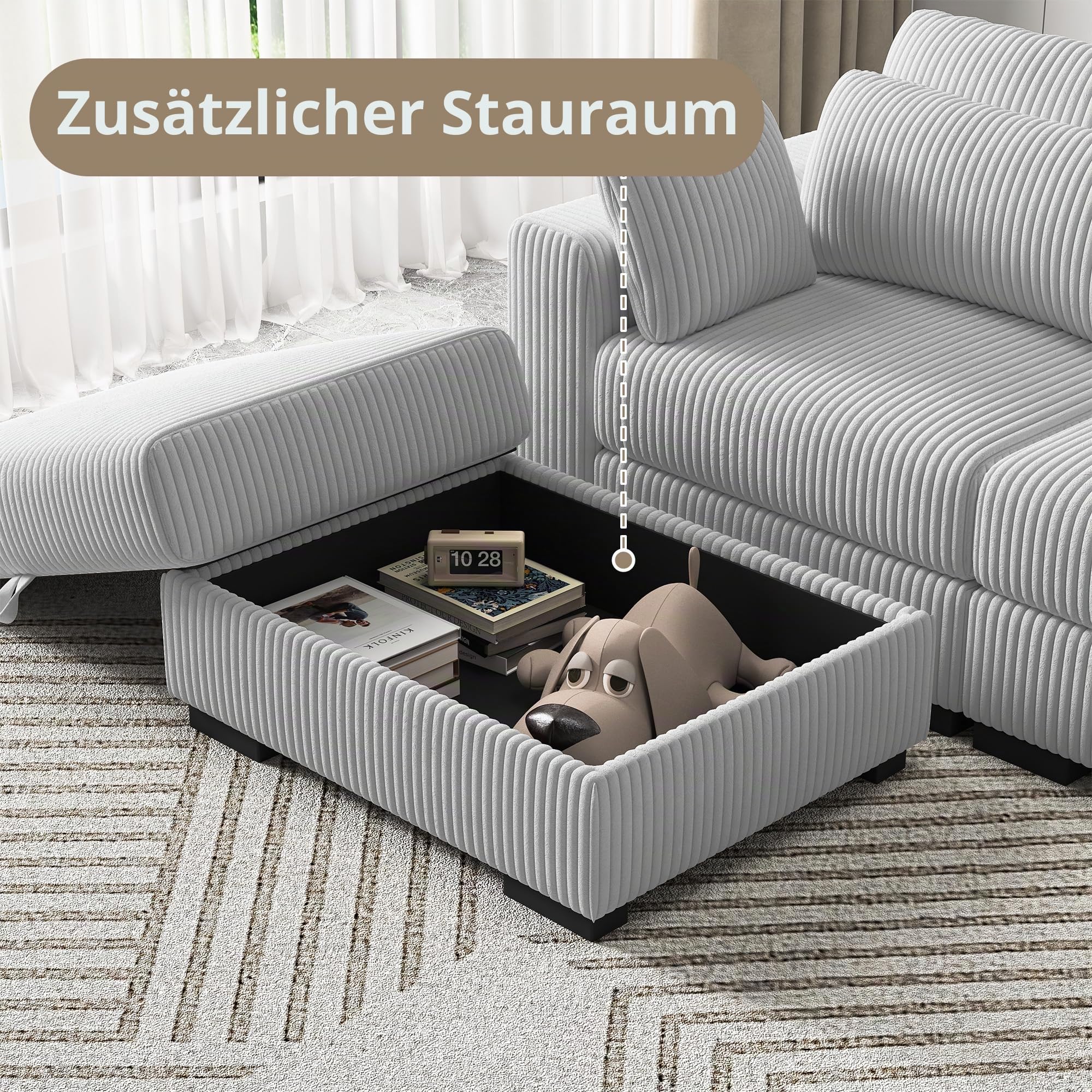 Fußstütze für Sofa, groß, mit Aufbewahrung, quadratisch, gepolstert, aus Cord, für Wohnzimmer, Sofa, Aufbewahrung, mit Sitzhocker, für Wohnzimmer, Schlafzimmer, Grau