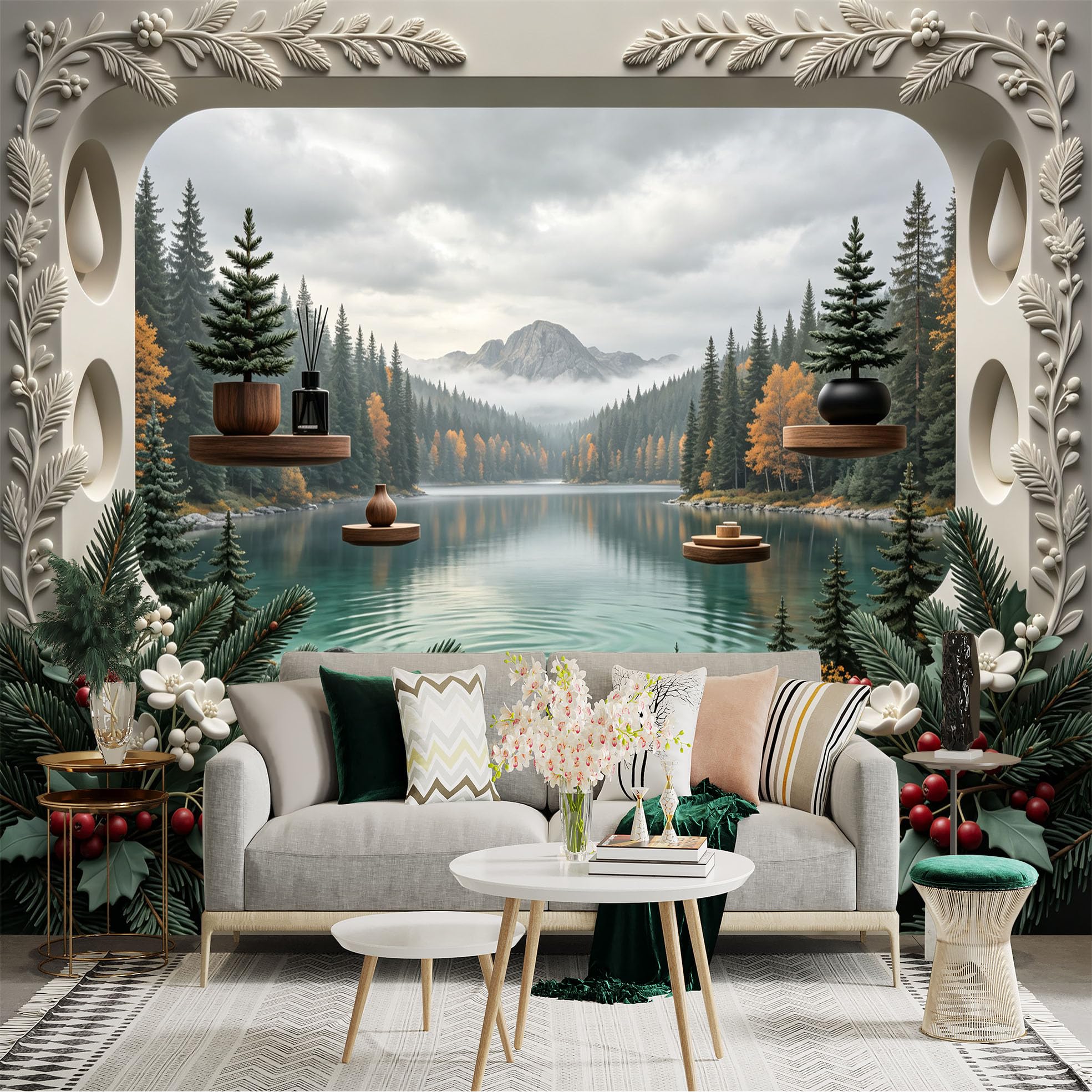 Lnzczhyre Bh260719792 Custom Size Wall Sticker Mural， Scenic Forest Lake View， Evergreen Pine Trees， Calm Mountain Landscape， Nature Home Decor， For Wall Decoration， Peelandstick Wall Decals.