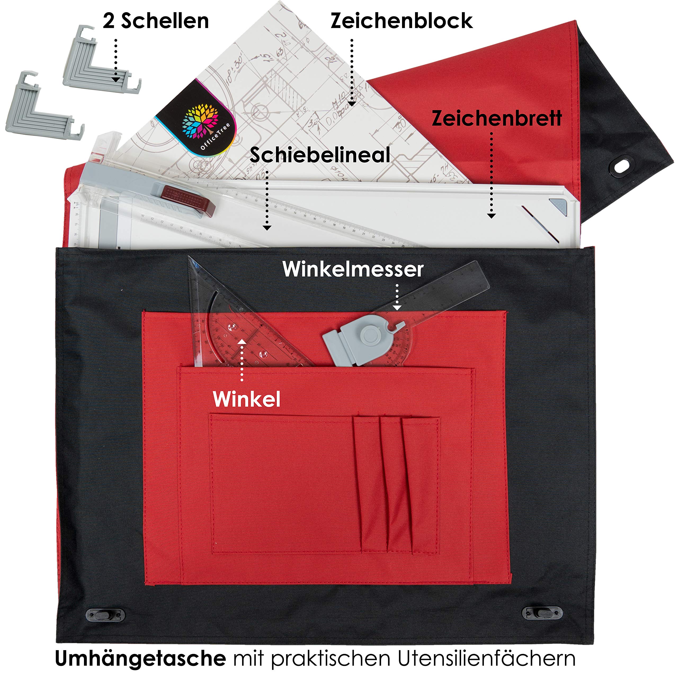 OfficeTree Zeichenplatte A3 - Inkl. Tragetasche, Schiebelineal, Geodreieck uvm. - Zeichenbrett A3 für exaktes Arbeiten - DIN A3 Zeichenplatte, Weiß