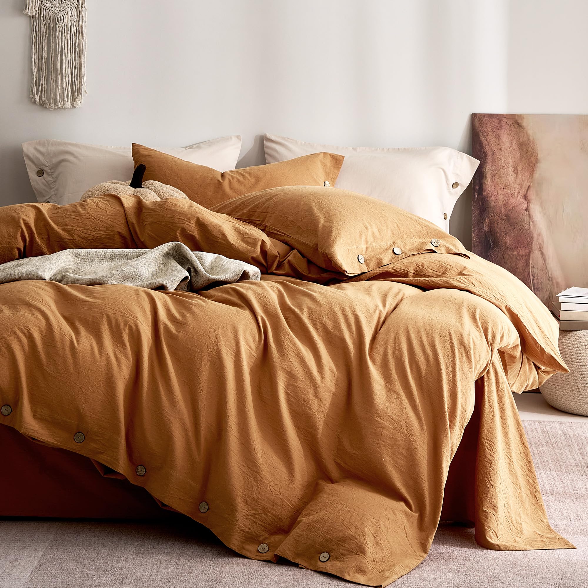 JELLYMONI 100% Washed Cotton Fall Amber Orange Duvet Cover Queen Linen-Like