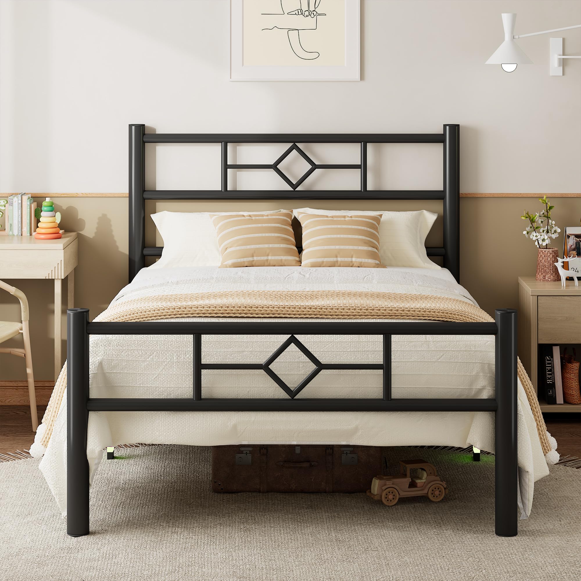 iPormis Single Bed Frame,90 x 190 cm,with Headboard and Footboard,Metal Bed Frame,300 kg Weight Capacity, Under Bed Storage Space,Easy Assembly,Black